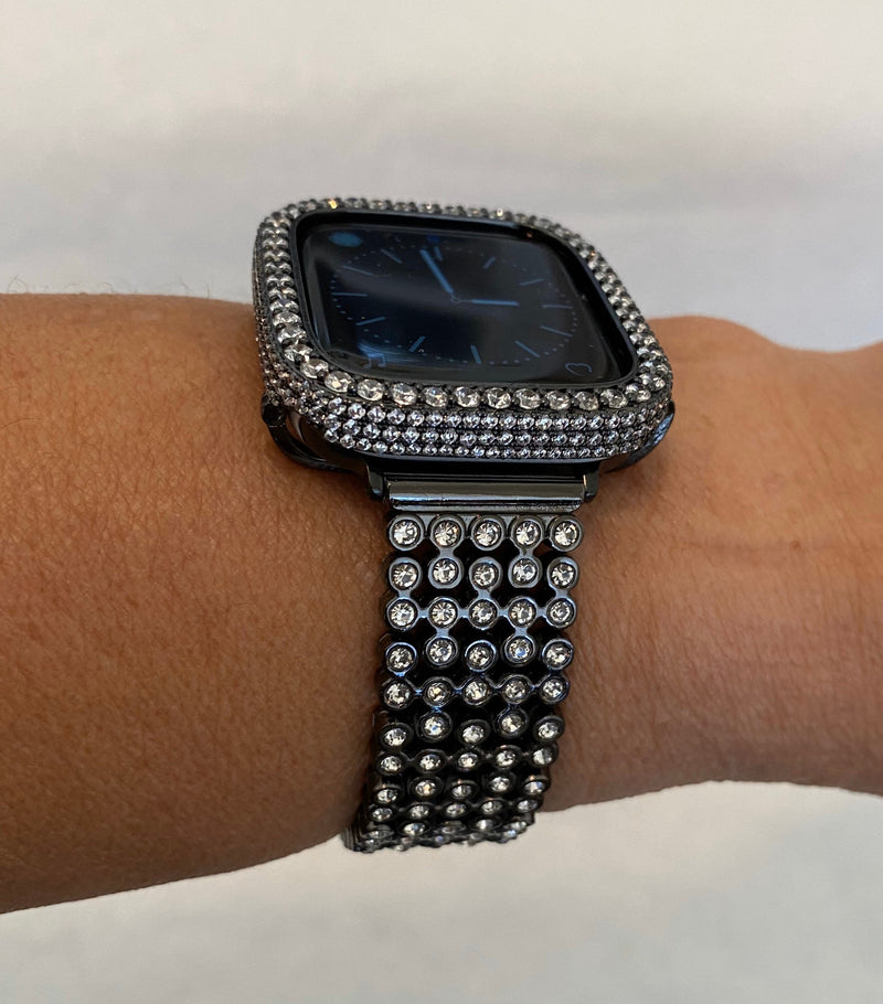 Black Apple Watch Band 41mm 45mm & or Lab Diamond Bezel Cover Iwatch Bling 38mm 42mm 44mm 40mm Series 1-8 SE