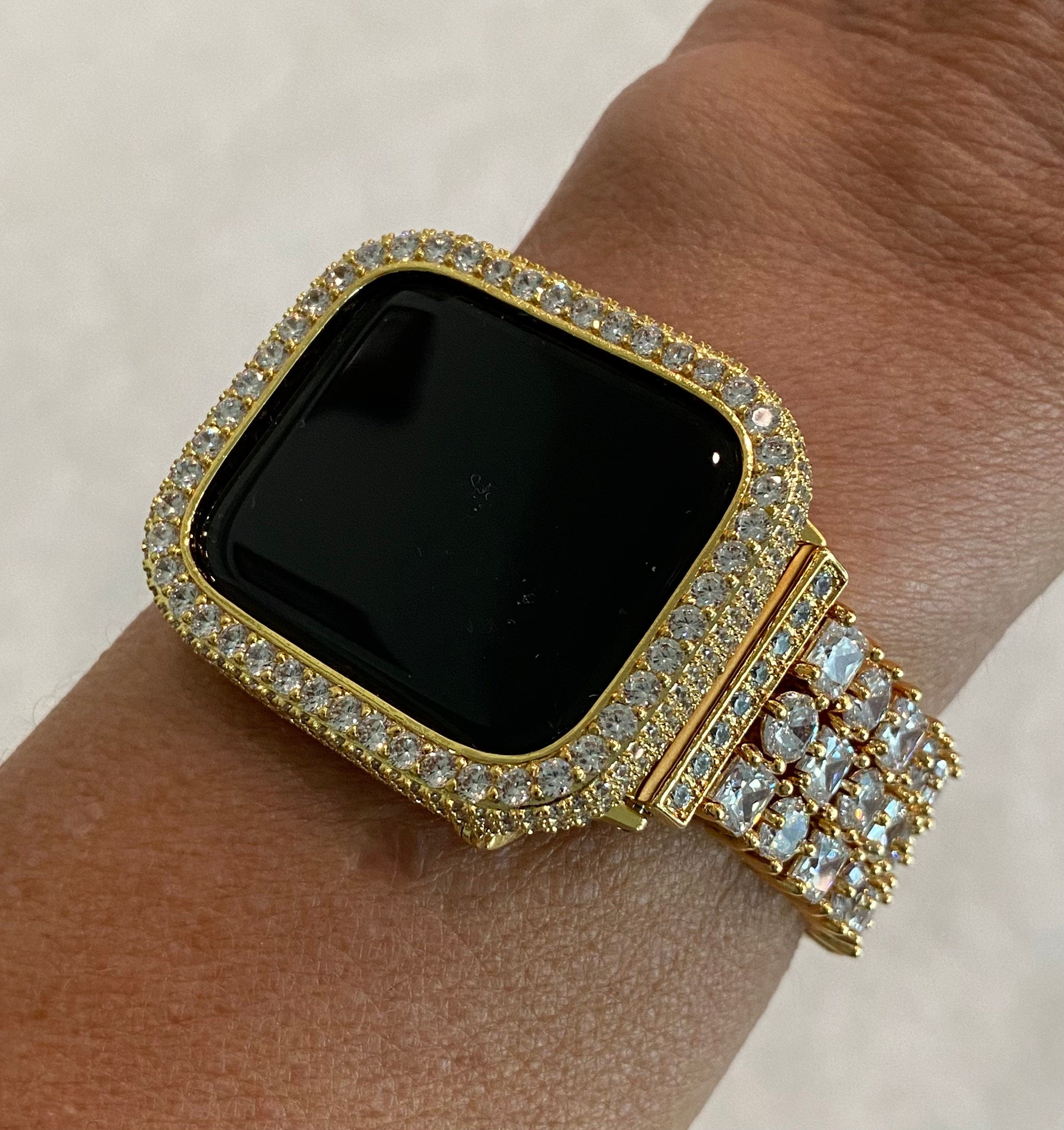 Apple Watch Band Gold Crystals & or Apple Watch Cover Lab Diamond Bezel Apple Watch Case Smartwatch Bumper 38mm-49mm Ultra Bling