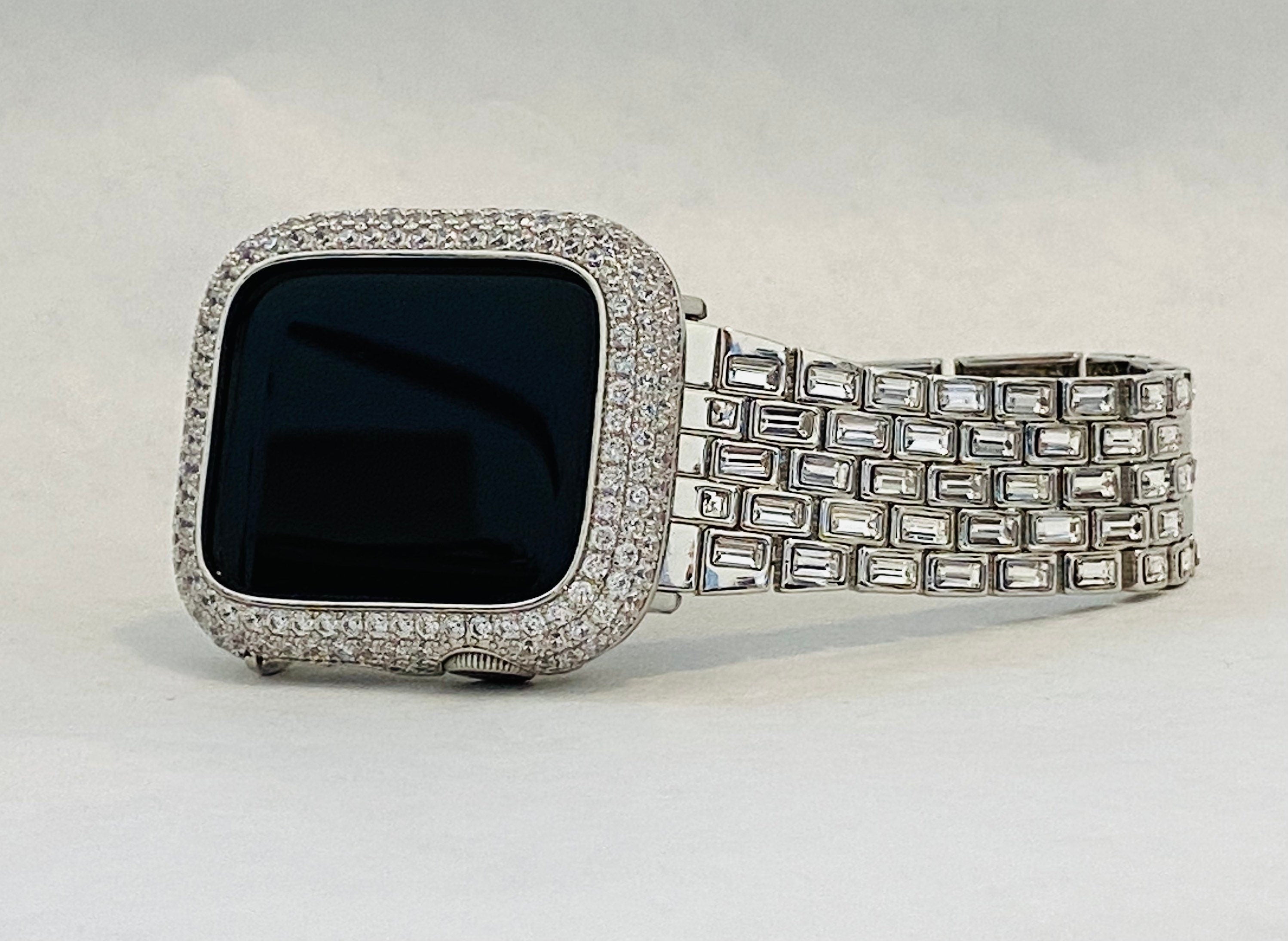 Silver Apple Watch Band Crystal Baguettes & or Apple Watch Cover Lab Diamond Bezel Case Smartwatch Bumper 38mm-49mm Ultra