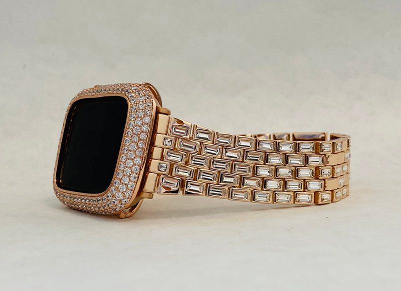 Series 8 Rose Gold Apple Watch Band Swarovski Crystal Baguettes 41mm 45mm & or Pave Lab Diamond Bezel Cover Bumper 38-44mm