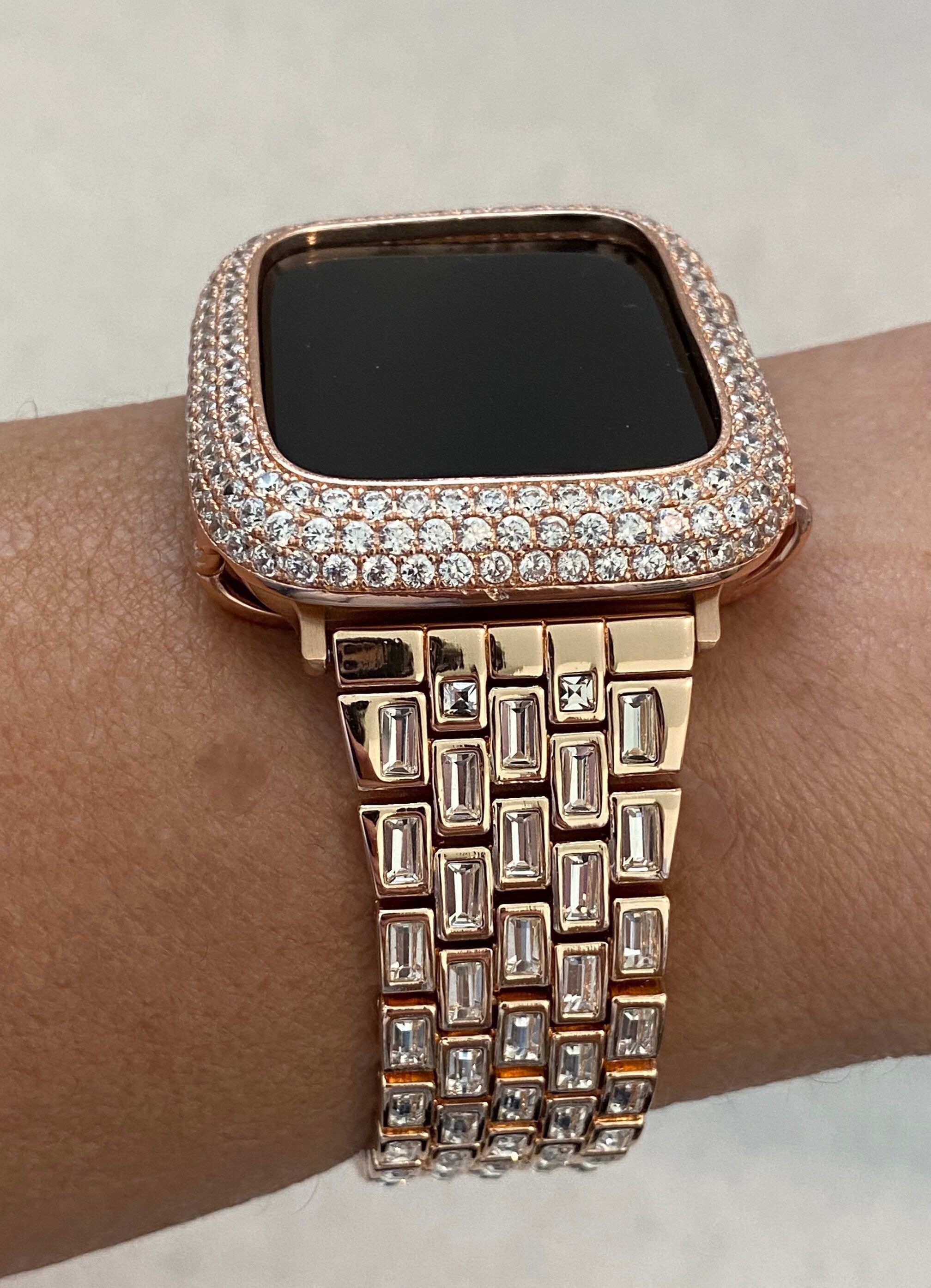 Rose Gold Apple Watch Band Swarovski Crystal Baguettes 41mm 45mm 49mm Ultra & or Apple Watch Cover Lab Diamond Bezel Case Iwatch Candy Bling