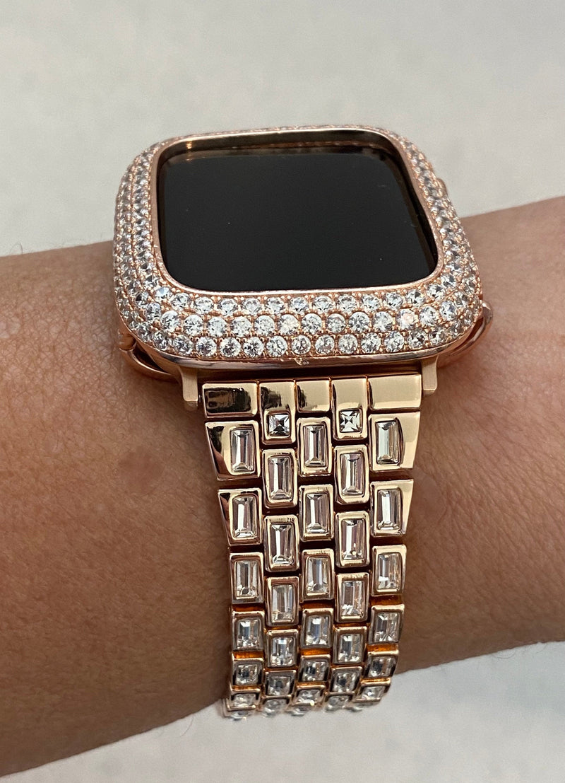 Series 8 Rose Gold Apple Watch Band Swarovski Crystal Baguettes 41mm 45mm & or Pave Lab Diamond Bezel Cover Bumper 38-44mm