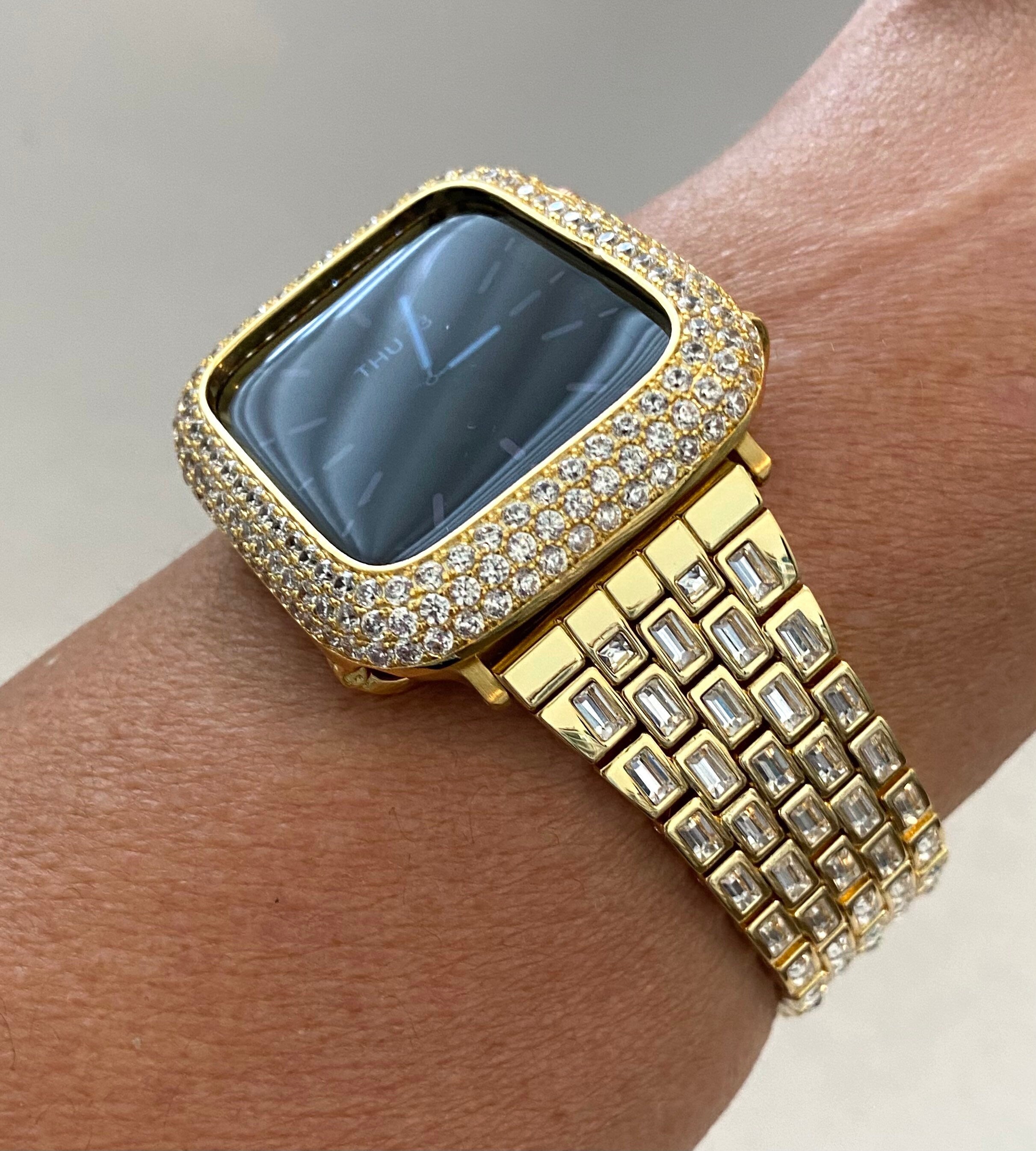 Gold Apple Watch Band Crystal Baguettes 38mm 40mm 41mm 42mm 44mm 45mm 49mm Ultra & or Pave Lab Diamond Bezel Cover Smartwatch