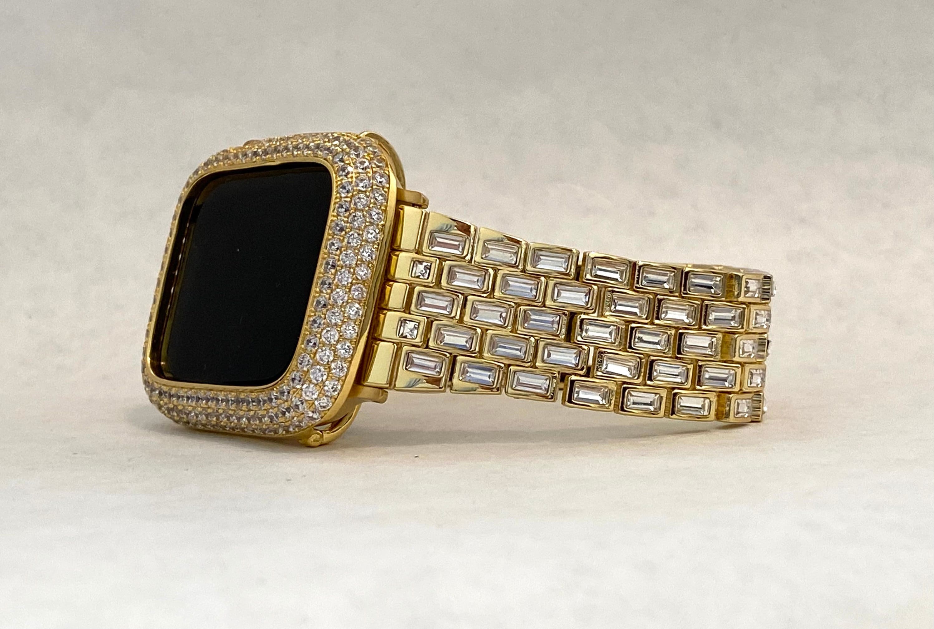 Yellow Gold Apple Watch Band Womens Baguette Swarovski Crystals & or Apple Watch Case Pave Lab Diamonds Apple Watch Cover Iwatch Candy Bling