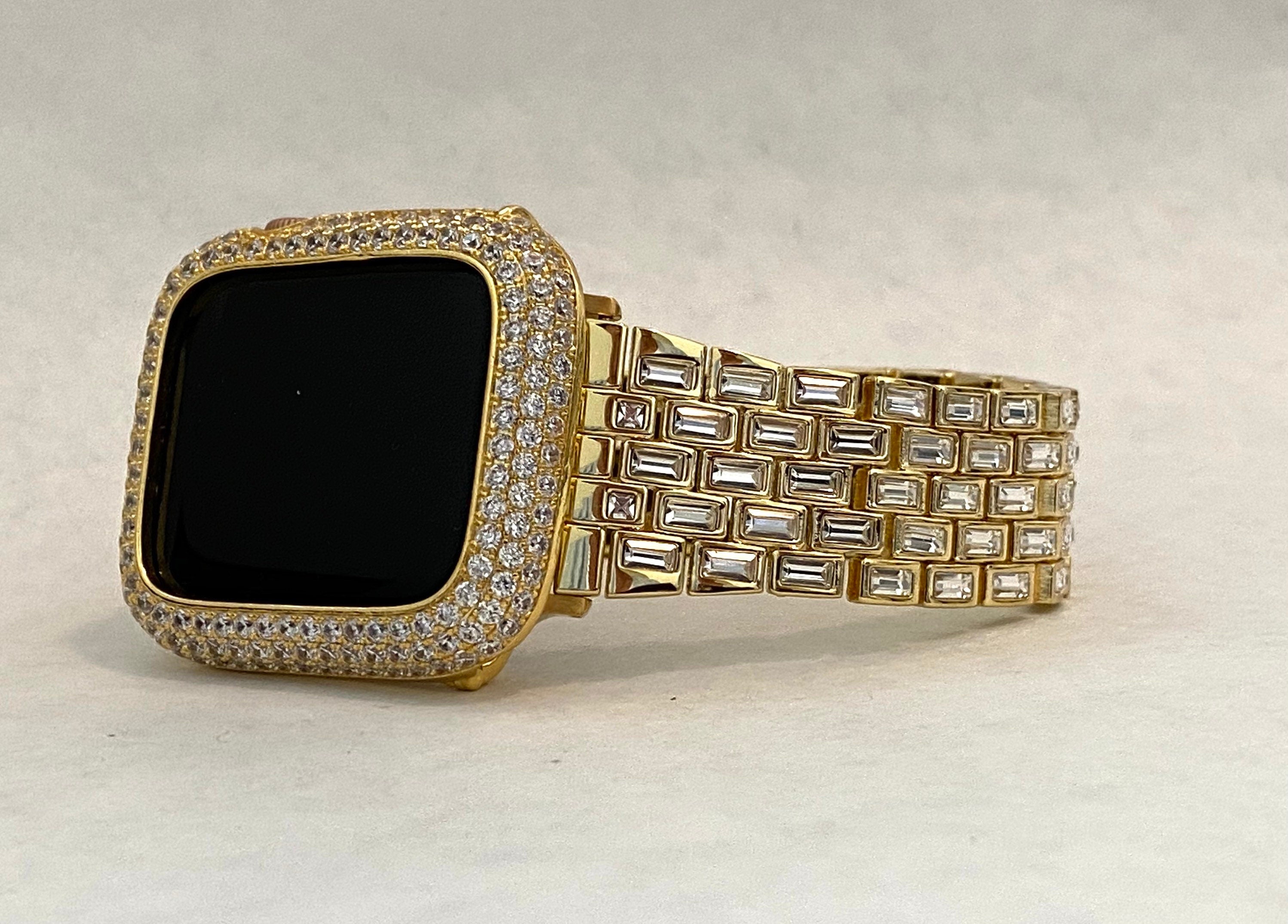 Yellow Gold Apple Watch Band Womens Baguette Swarovski Crystals & or Apple Watch Case Pave Lab Diamonds Apple Watch Cover Iwatch Candy Bling