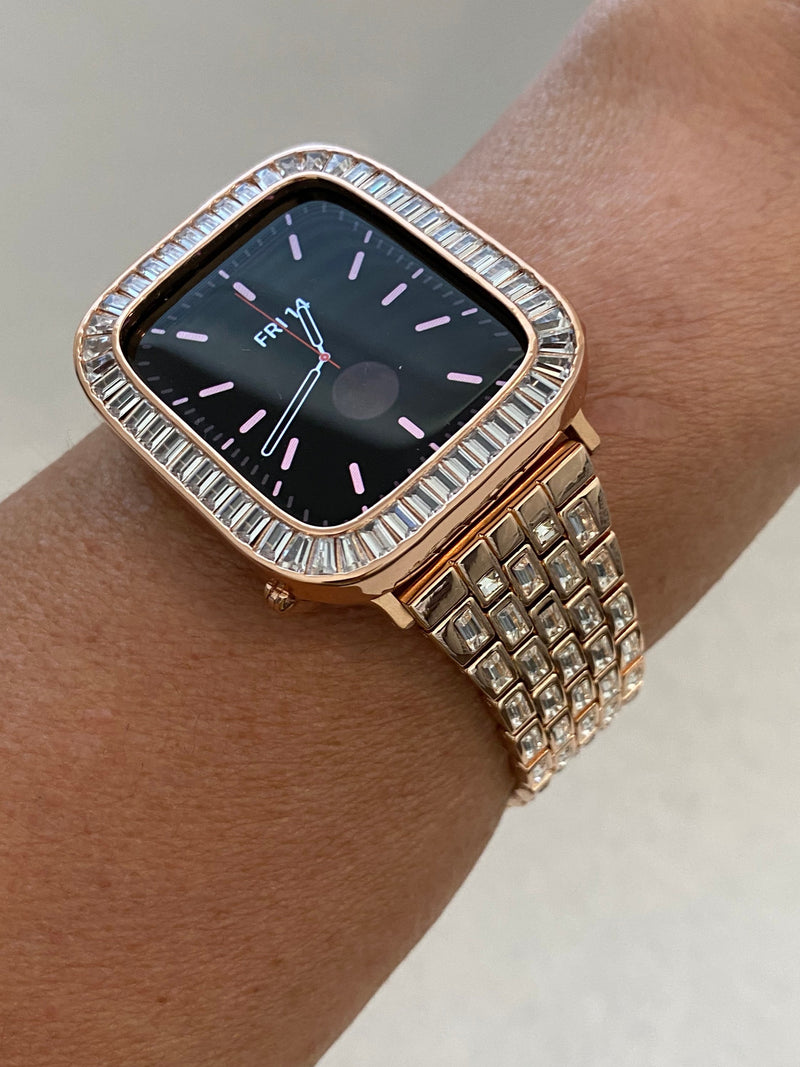 Series 1-8 Rose Gold Apple Watch Band Swarovski Crystal Baguettes 38 40 41 42 44 45mm & or Baguette Lab Diamond Bezel Cover