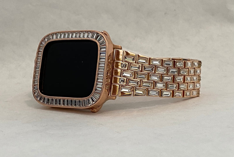 Apple Watch Band Rose Gold Crystal Baguettes 38 40 41 42 44 45mm & or Apple Watch Case Lab Diamond Bezel Iwatch Candy