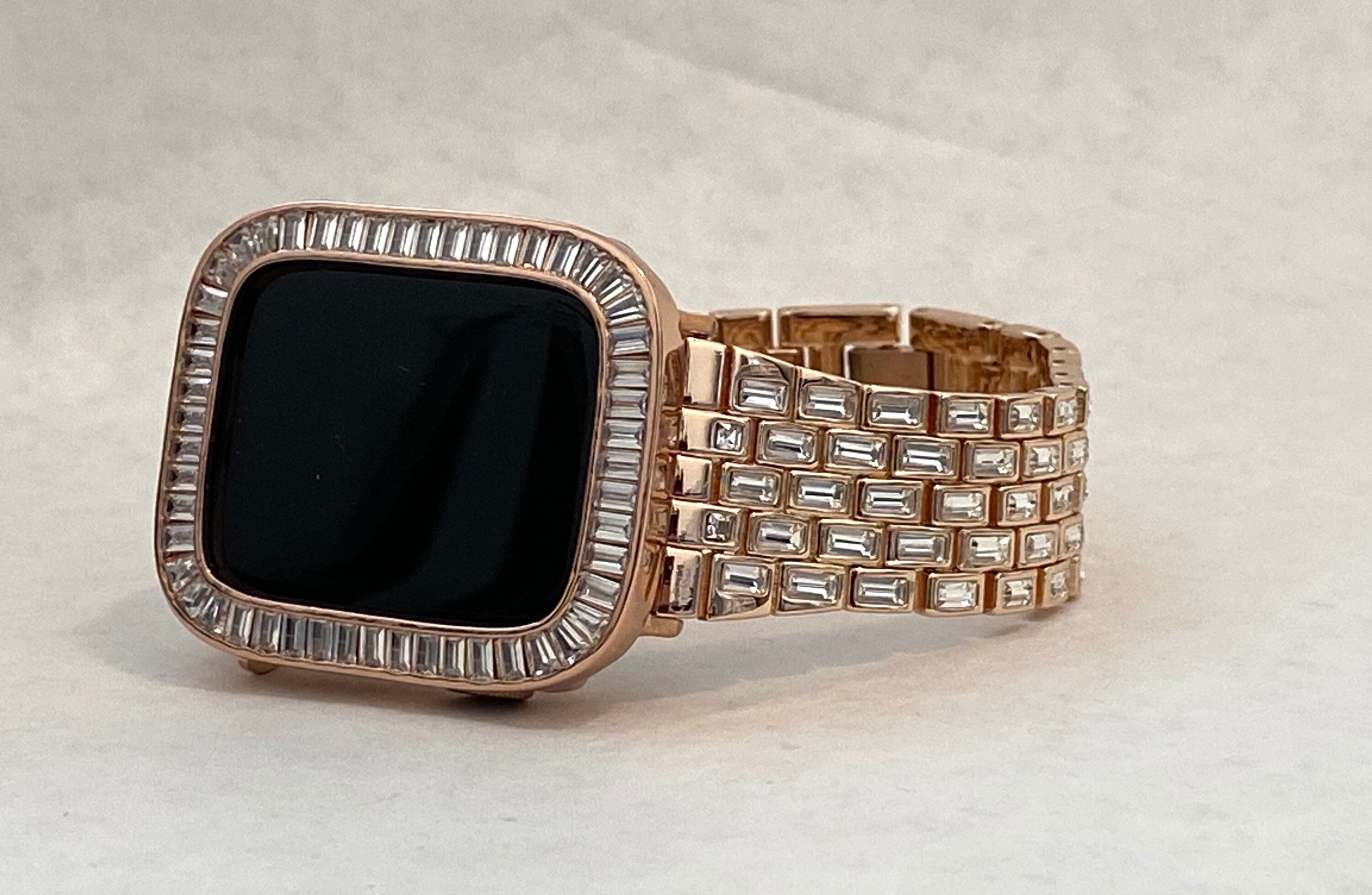 Apple Watch Band Rose Gold Swarovski Crystal Baguettes 38 40 41 42 44 45mm & or Apple Watch Case Lab Diamond Bezel Iwatch Candy