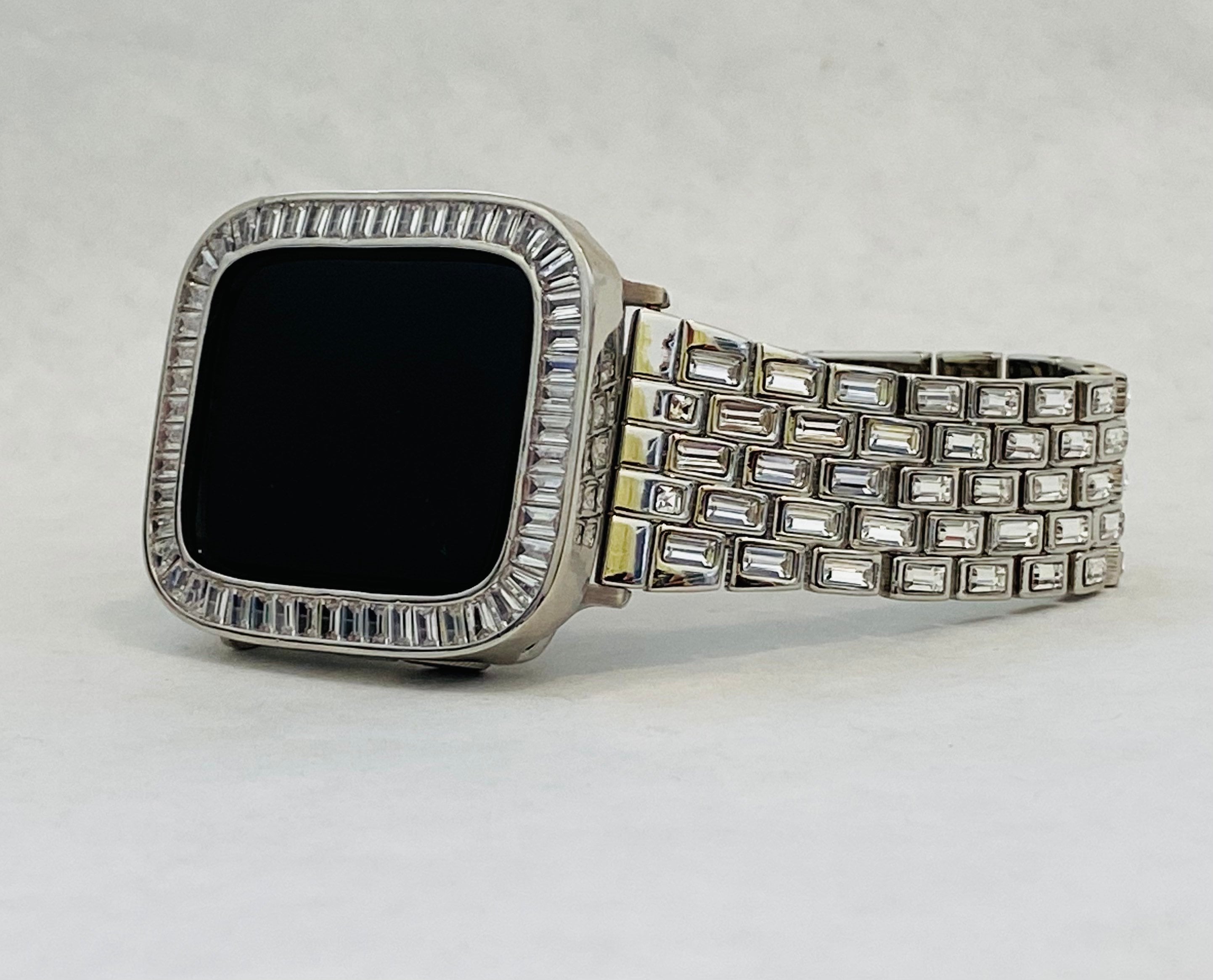 Custom Silver Apple Watch Band Swarovski Crystal Baguettes 38 40 41 42 44 45mm & or Apple Watch Case Baguette Lab Diamond Bezel Cover Gift