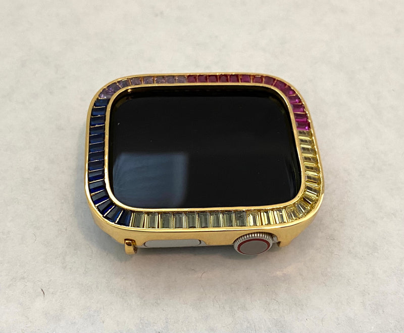 Rainbow Apple Watch Case Cover Gold Lab Diamond Bezel 38mm 40mm 42mm 44mm Smartwatch Bumper Bling Series 2-6