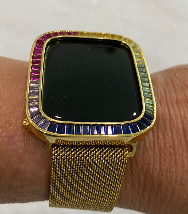 Rainbow Apple Watch Case Cover Gold Lab Diamond Bezel 38mm 40mm 42mm 44mm Smartwatch Bumper Bling Series 2-6