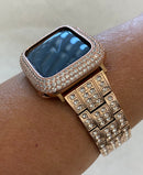 Apple Watch Band Rose Gold Stainless Steel Swarovski Crystals & or Lab Diamond Bezel Cover Smartwatch Bumper 38mm-45mm Series 1-8 SE