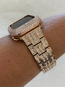 Apple Watch Band Rose Gold Stainless Steel Swarovski Crystals & or Lab Diamond Bezel Cover Smartwatch Bumper 38mm-45mm Series 1-8 SE