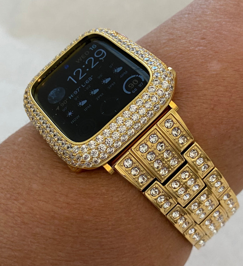 Gold Apple Watch Band Crystals 49mm Ultra & or Apple Watch Cover Lab Diamond Bezel Case Smartwatch Bumper 38mm-45mm Bling