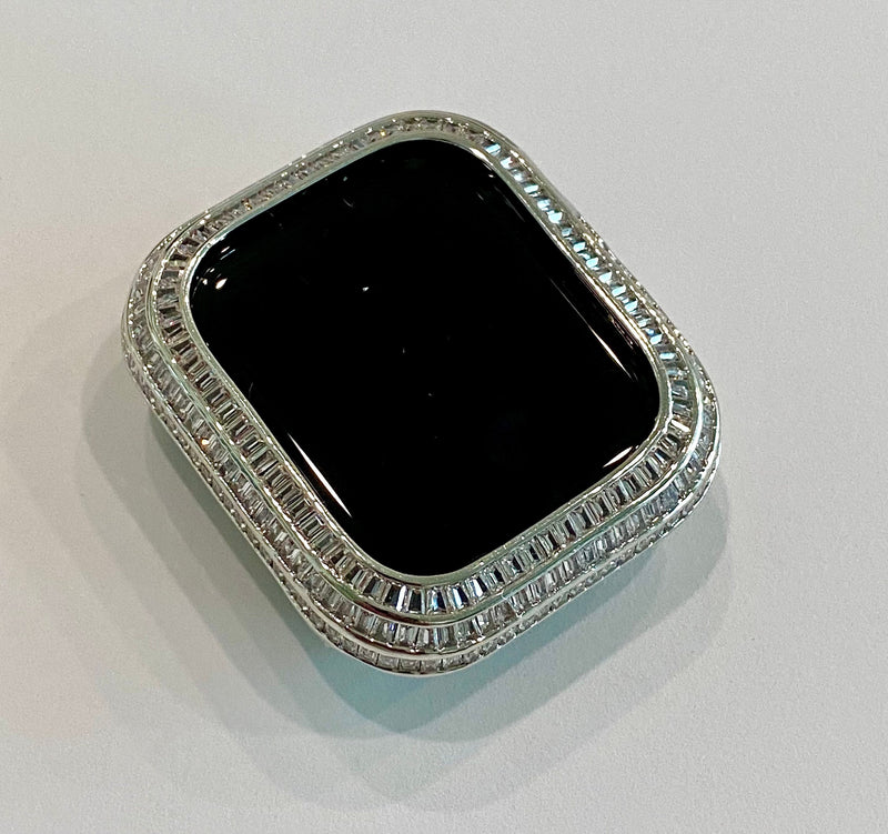 Luxury Apple Watch Band Silver Pave Swarovski Crystals & or Apple Watch Case Baguette Lab Diamond Bezel Cover Iwatch Candy Bling