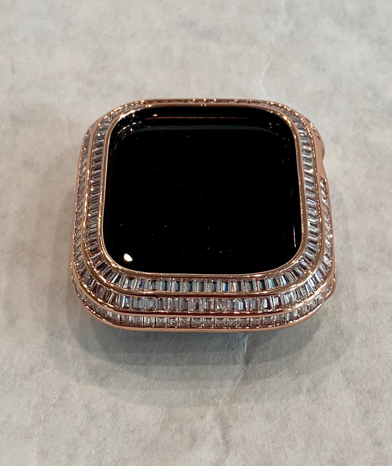 Series 4-8 Rose Gold Apple Watch Band with Baguettes 40mm-45mm & or Lab Diamond Baguette Bezel Cover Smartwatch Bumper Bling