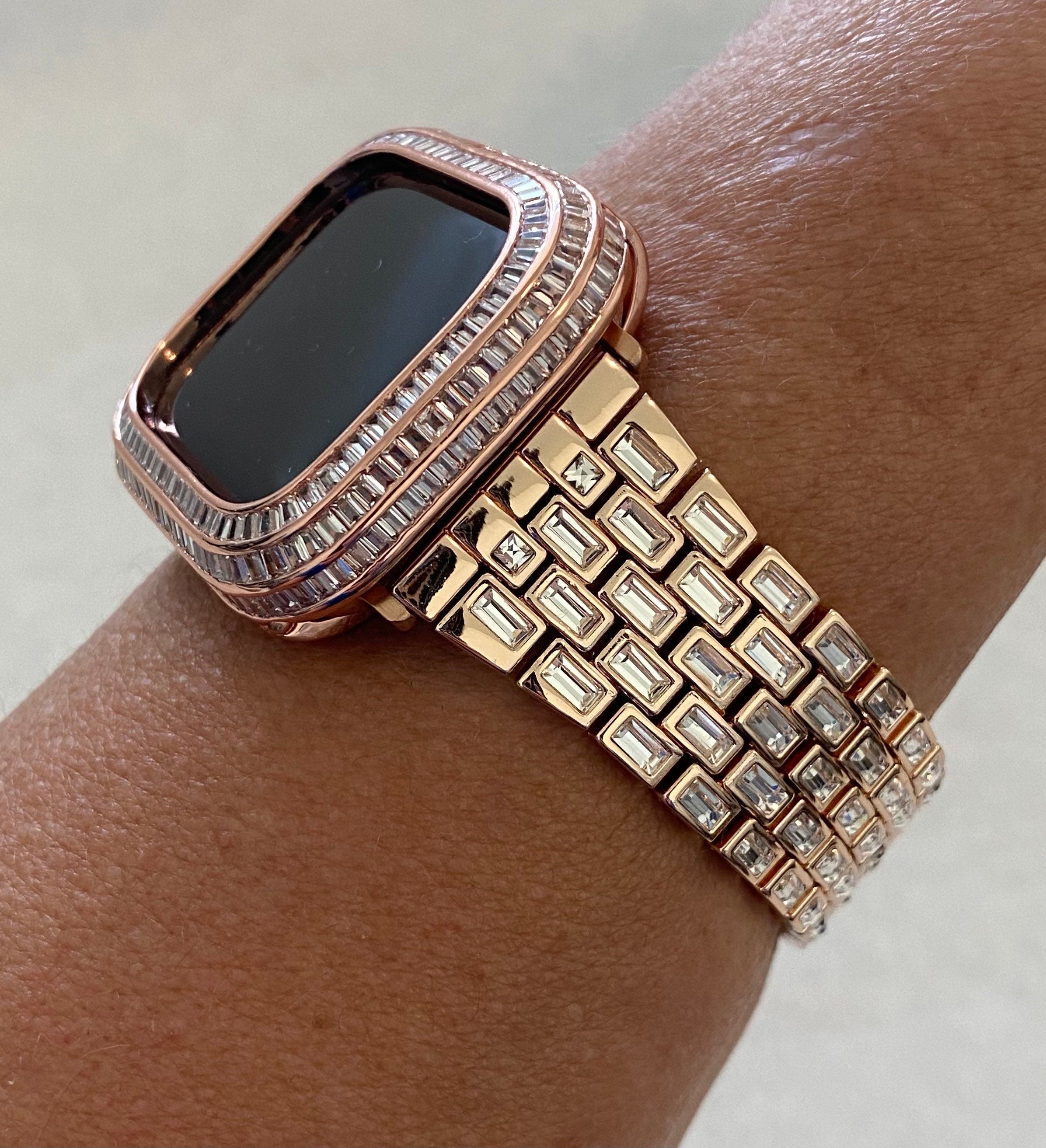 Apple Watch Band 41mm Rose Gold Crystal Baguettes 40mm-45mm & or Apple Watch Cover Lab Diamond Bezel Smartwatch Case Iwatch Candy