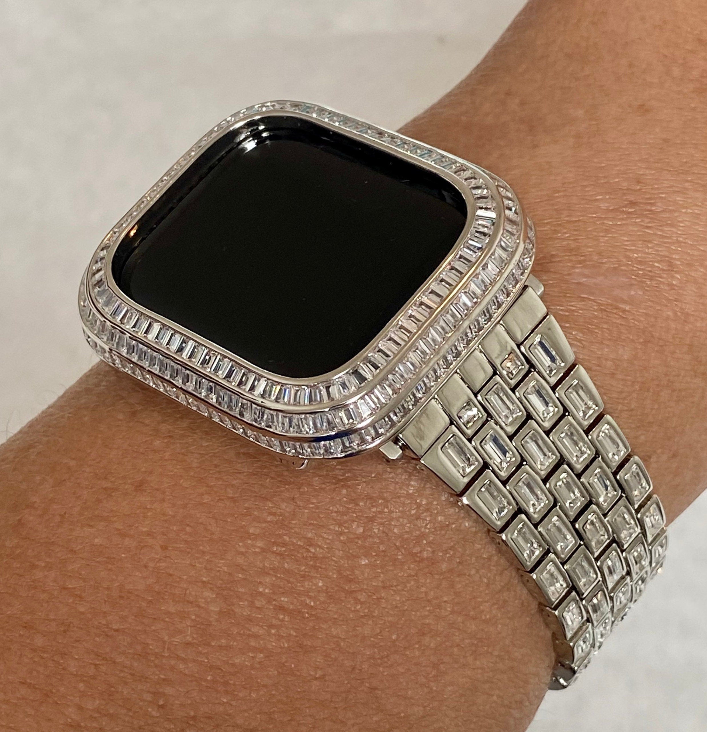 Silver Apple Watch Band Silver 40mm 41mm 44mm 45mm & or White Gold Lab Diamond Baguette Bezel Cover Smartwatch Bumper Bling Series 4-9 SE