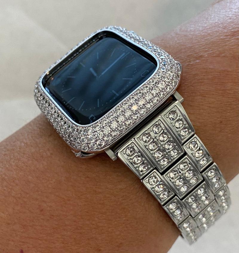 Apple Watch Band Silver Crystals & or Apple Watch Cover Lab Diamond Bezel Case 38 40 41 42 44 45 49mm Ultra Smartwatch Bling