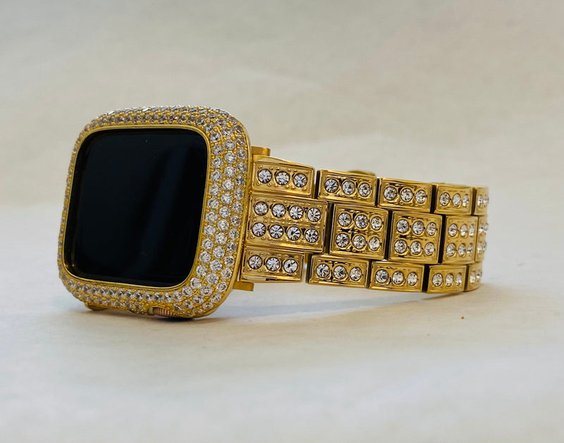 Series 1-8 Apple Watch Band Gold 41mm 45mm Swarovski Crystals & or Smartwatch Lab Diamond Bezel Cover Bumper 38mm-45mm