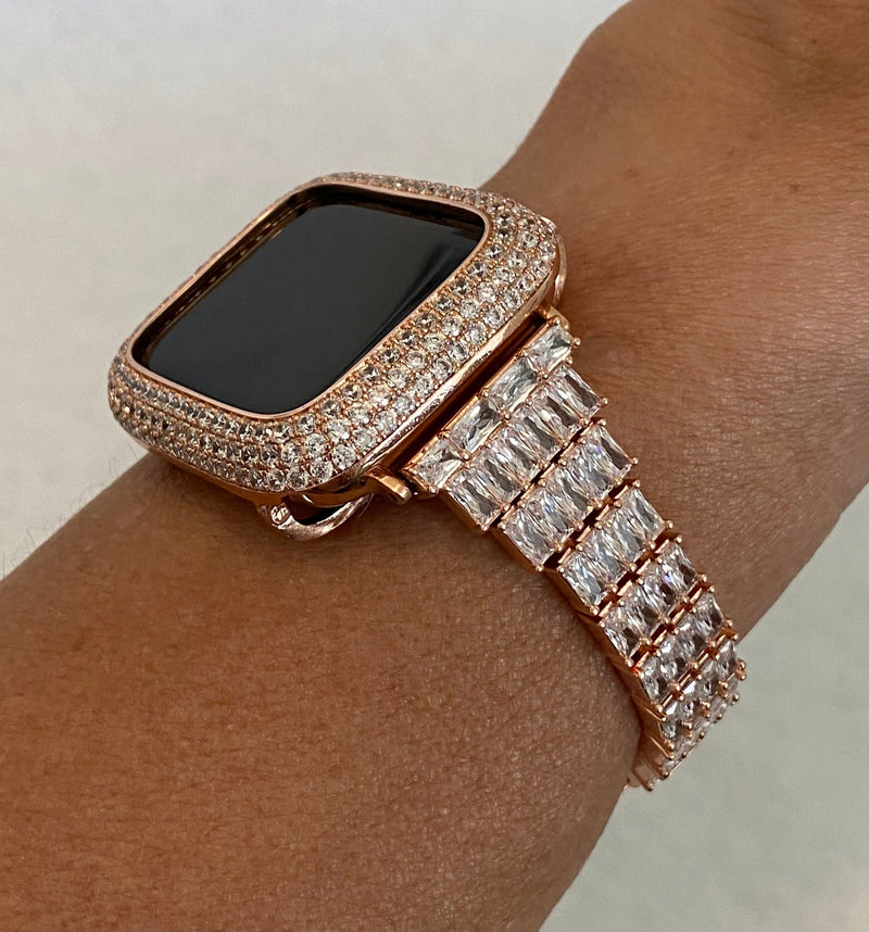 Designer Apple Watch Band 41mm 45mm 49mm Rose Gold Crystal & or Apple Watch Case Lab Diamond Bezel Cover Smartwatch Bumper 38-44mm