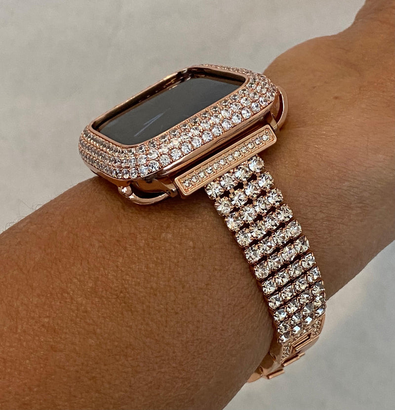 41mm 45mm Apple Watch Band Women Rose Gold & or Lab Diamond Bezel Bumper Cover 38mm 40mm 42mm 44mm Series 7,8