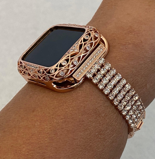 Series 7 41mm 45mm Apple Watch Band Rose Gold Swarovski Crystals & or Lab Diamond Bezel Case Cover 38mm-44mm