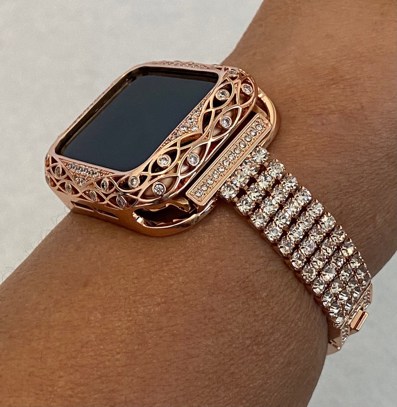 Series 9 41mm 45mm Apple Watch Band Rose Gold Crystals & or Apple Watch Cover Lab Diamond Bezel Case Cover 38mm-44mm