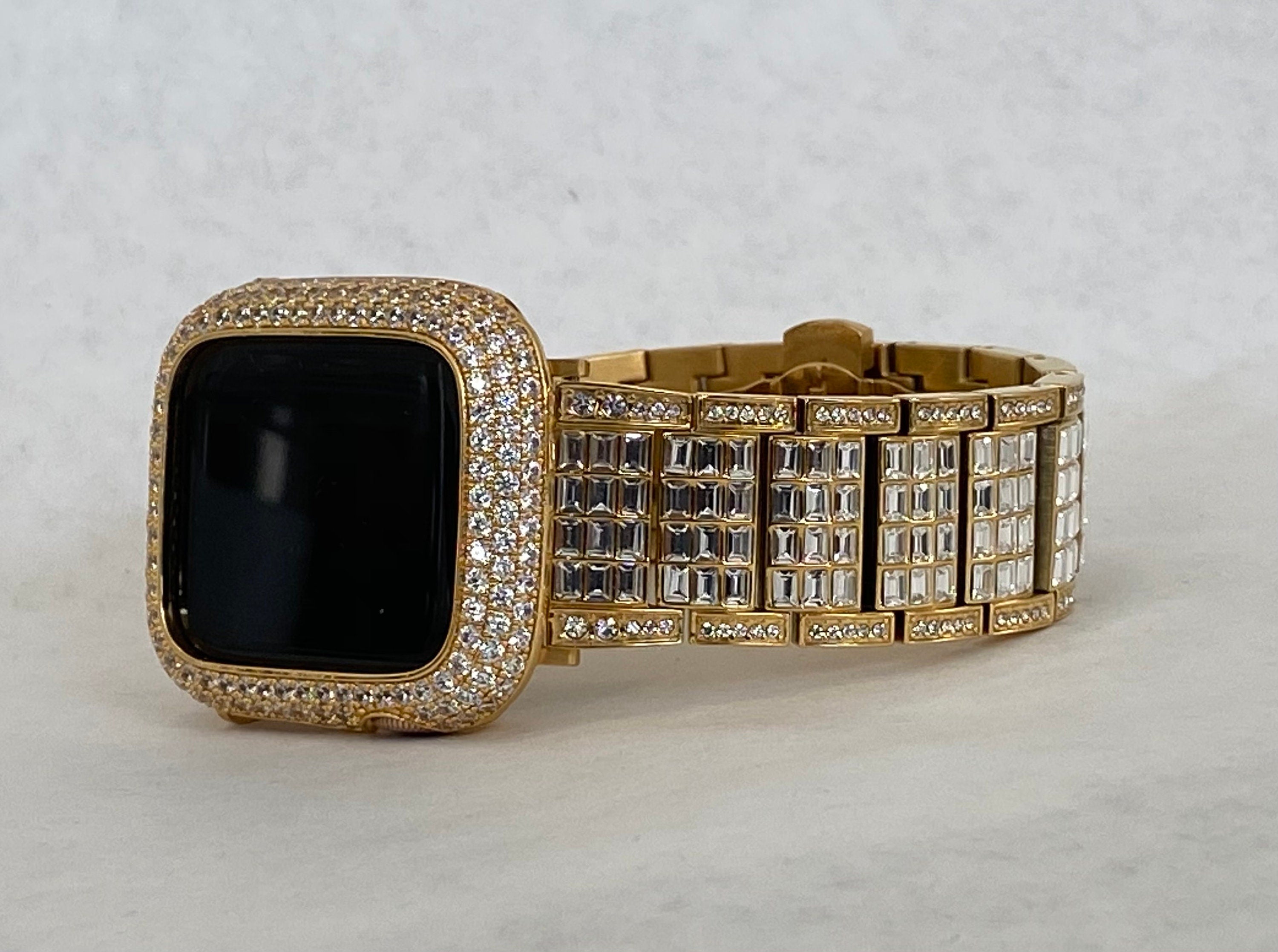 Gold Apple Watch Band 45mm Crystal Baguettes & or Apple Watch Cover Lab Diamond Bezel Case Bling 38mm-49mm Ultra Iwatch Candy