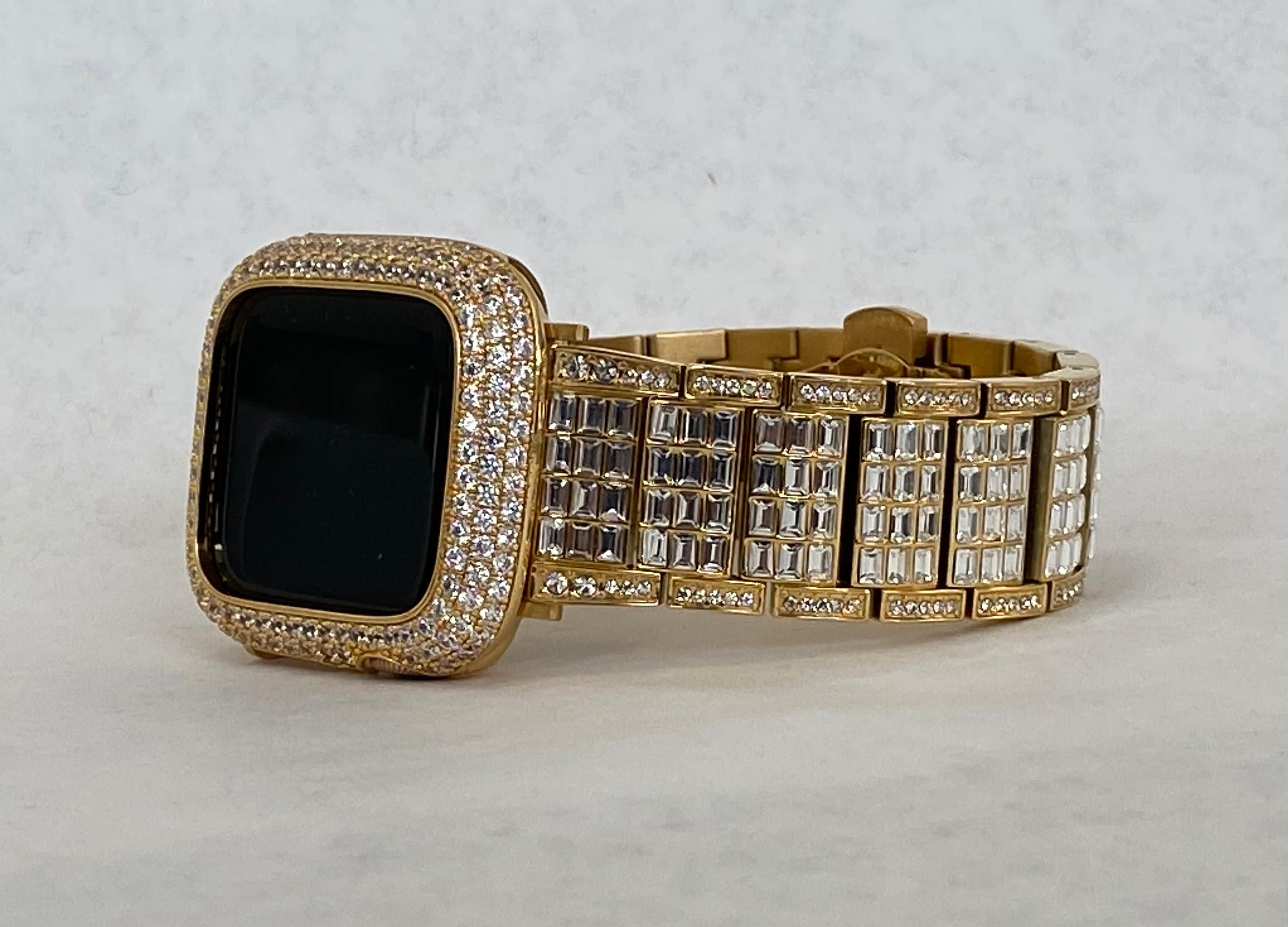 Gold Apple Watch Band 45mm Crystal Baguettes & or Apple Watch Cover Lab Diamond Bezel Case Bling 38mm-49mm Ultra Iwatch Candy