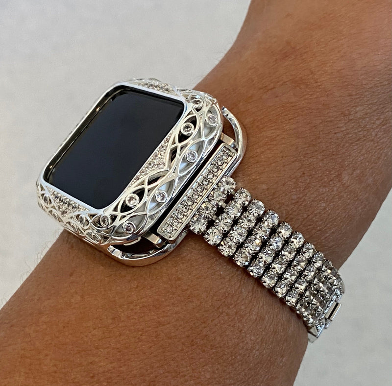 Series 2-8 Apple Watch Band Women Silver 38mm 40mm 41mm 42mm 44mm 45mm & or Swarovski Crystal Lace Bezel Cover Smartwatch Bumper Bling