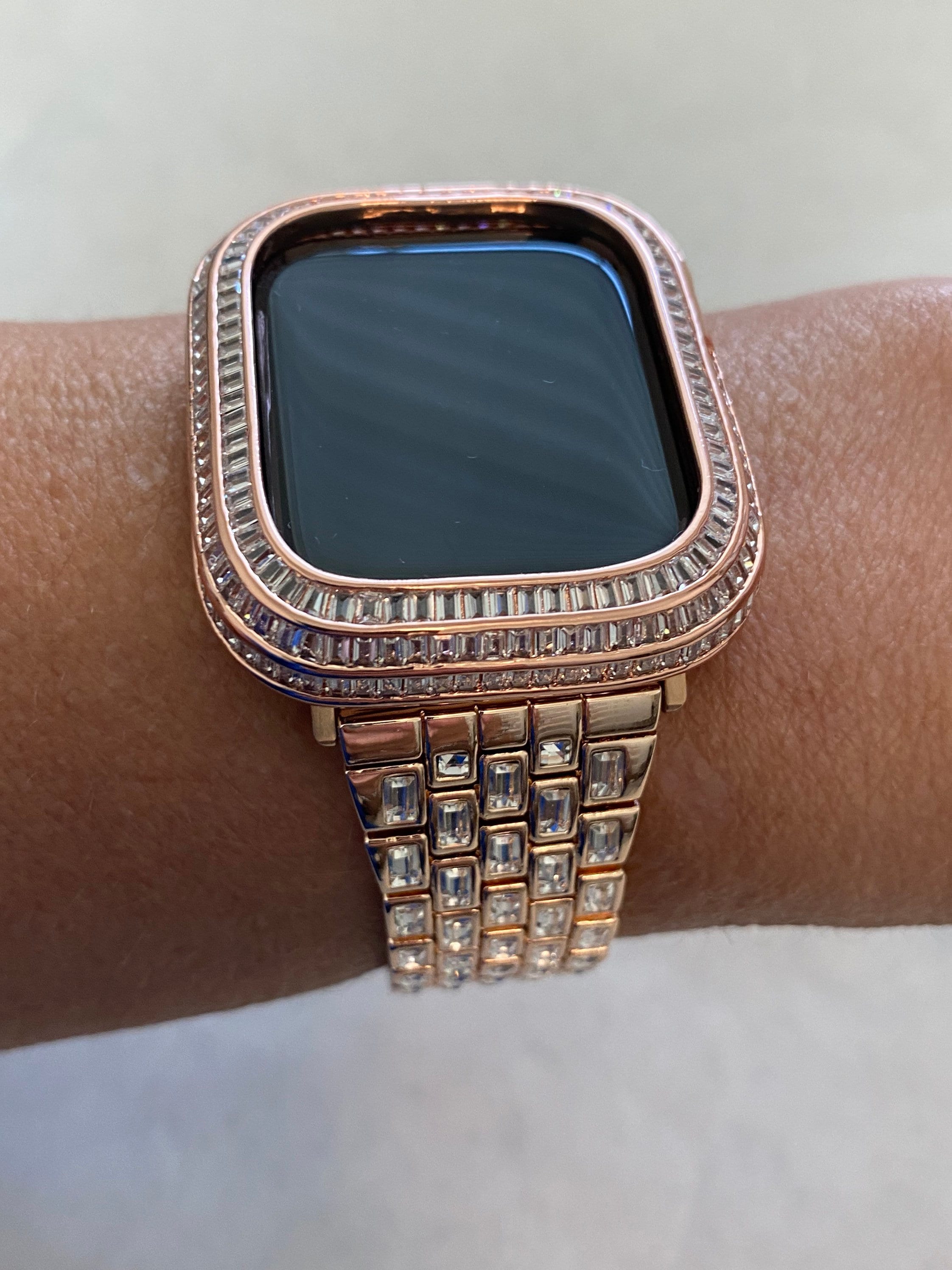 Apple Watch Band 41mm Rose Gold Crystal Baguettes 40mm-45mm & or Apple Watch Cover Lab Diamond Bezel Smartwatch Case Iwatch Candy