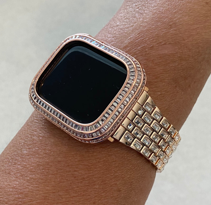 Series 4-8 Rose Gold Apple Watch Band with Baguettes 40mm-45mm & or Lab Diamond Baguette Bezel Cover Smartwatch Bumper Bling