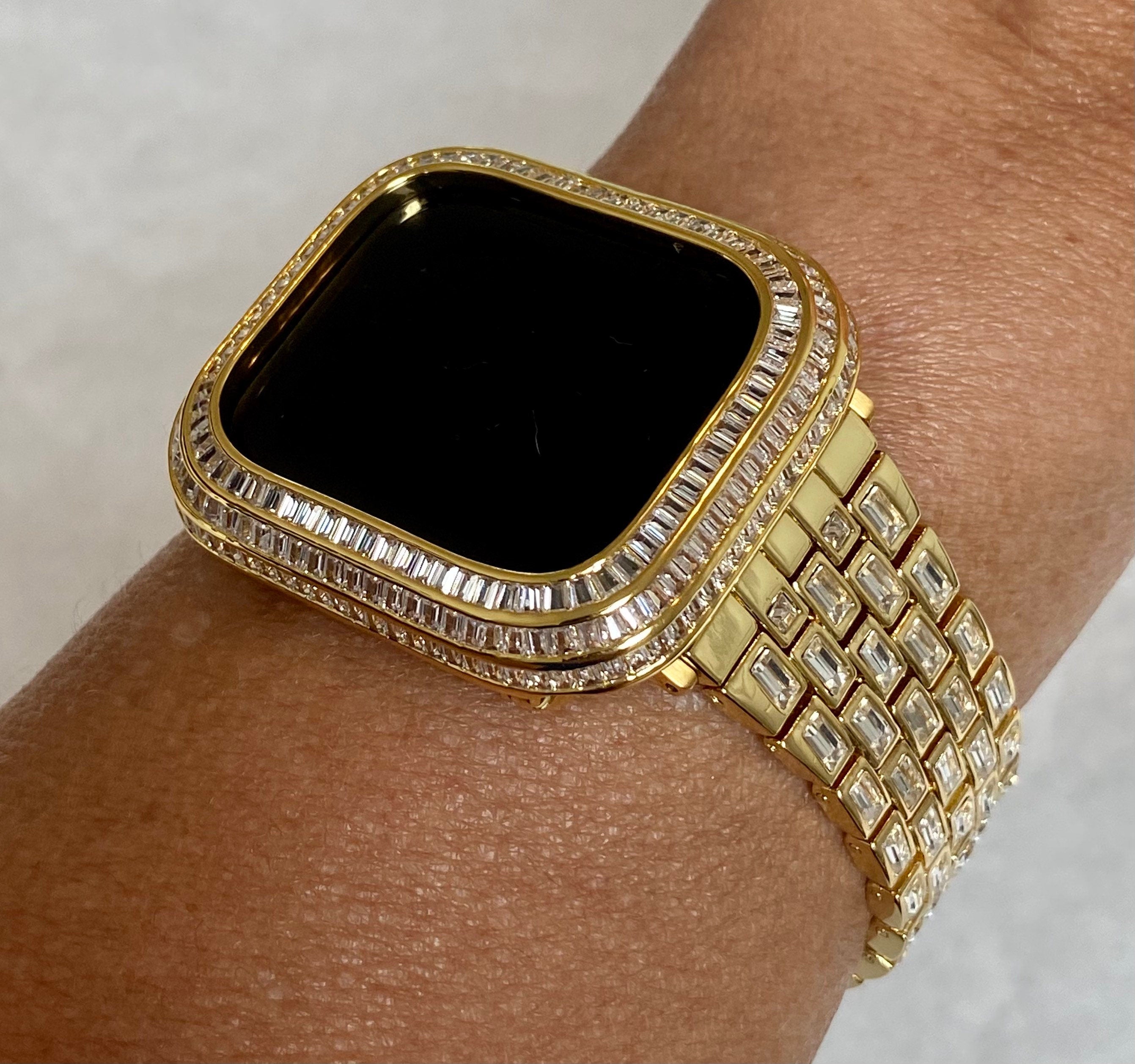 Custom Gold Apple Watch Band Swarovski Crystal Baguettes & or Apple Watch Cover Lab Diamond Baguette Bezel Case 40mm 44mm 41mm 45mm