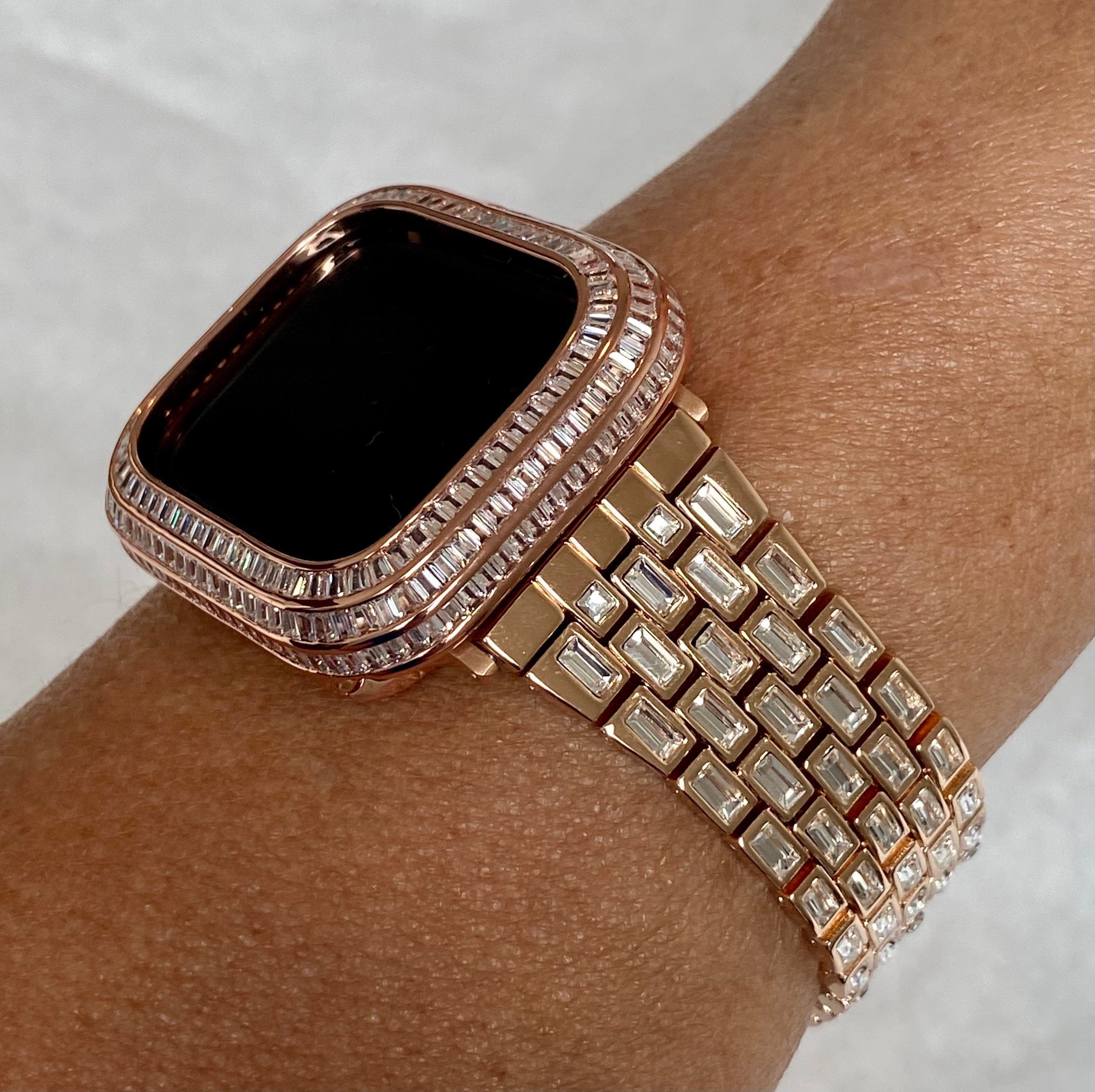 Baguette Rose Gold Apple Watch Band Womens with Large Swarovski Crystals and or Apple Watch Case with 3 rows of Baguette Lab Diamonds.  Fits 40mm 41mm 44mm 45mm from Iwatch Candy