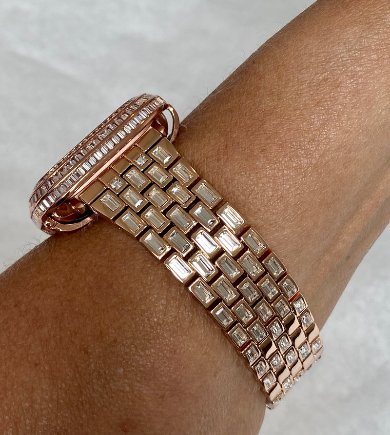 Series 4-8 Rose Gold Apple Watch Band with Baguettes 40mm-45mm & or Lab Diamond Baguette Bezel Cover Smartwatch Bumper Bling