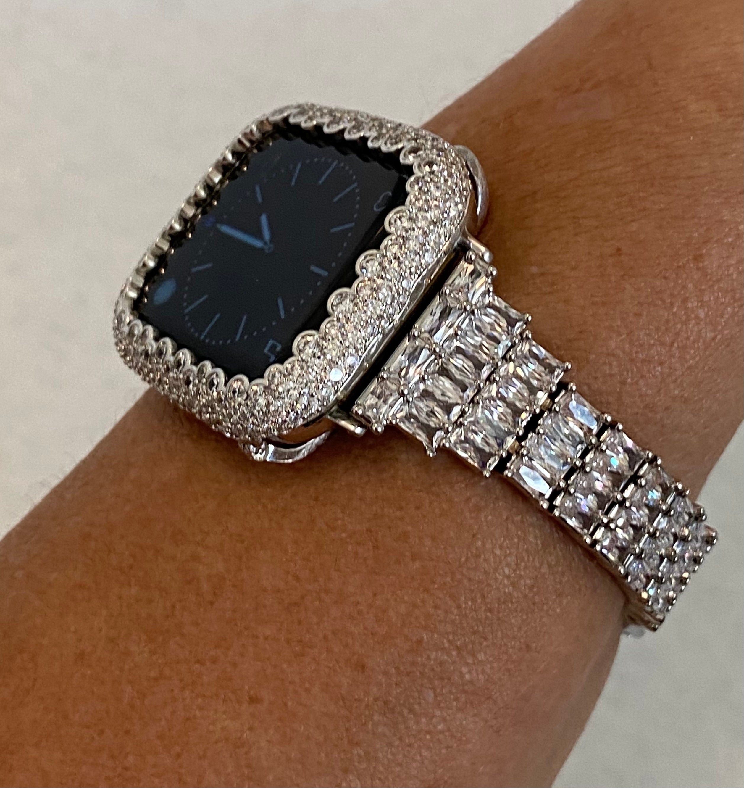 Apple Watch Band Women&#39;s Designer Silver with Swarovski Crystal Baguettes and or Apple Watch Cover with Lab Diamonds.  Sizes 38mm to 49mm Ultra.