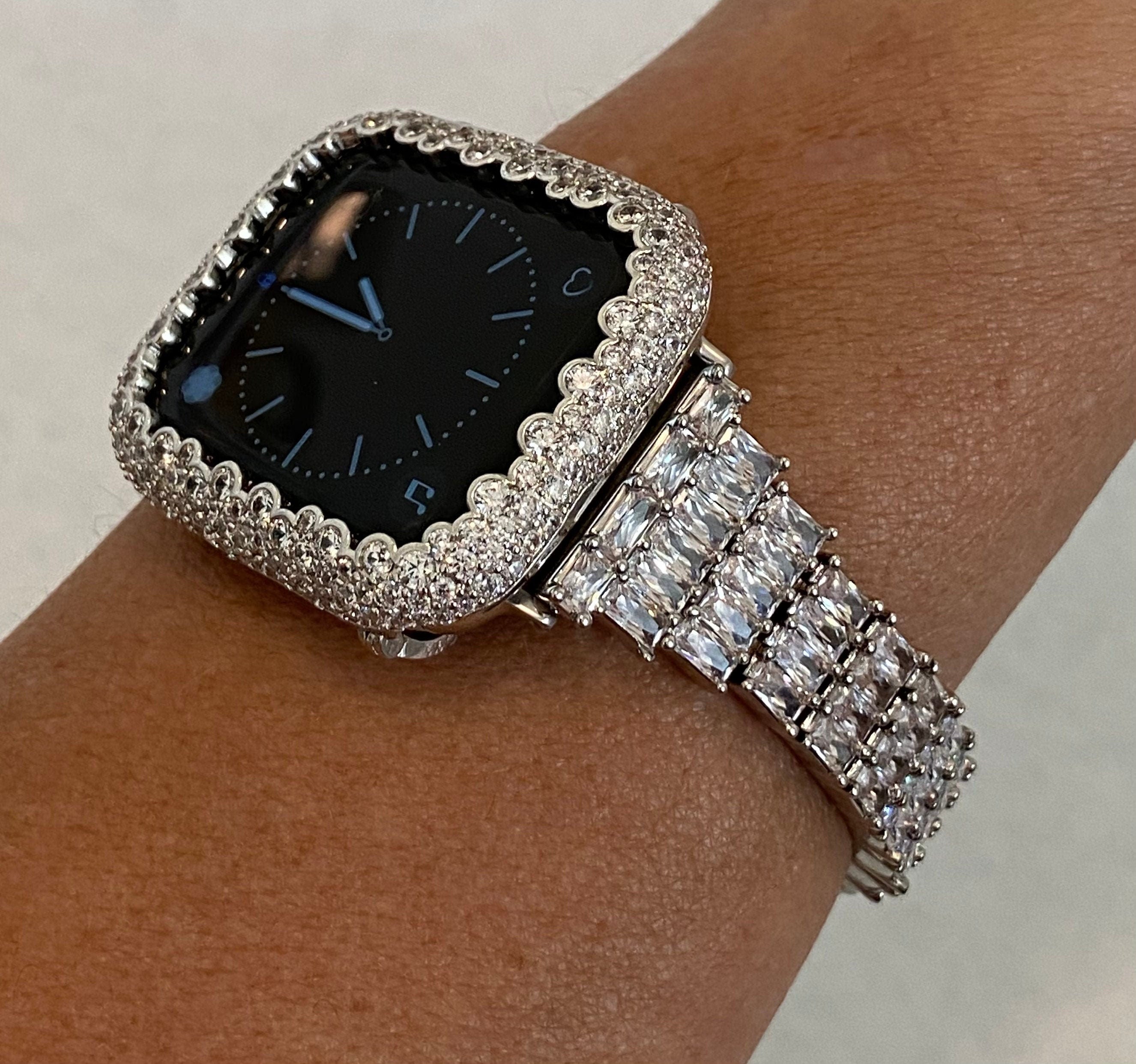 Apple Watch Band Women&#39;s Designer Silver with Swarovski Crystal Baguettes and or Apple Watch Cover with Lab Diamonds.  Sizes 38mm to 49mm Ultra.