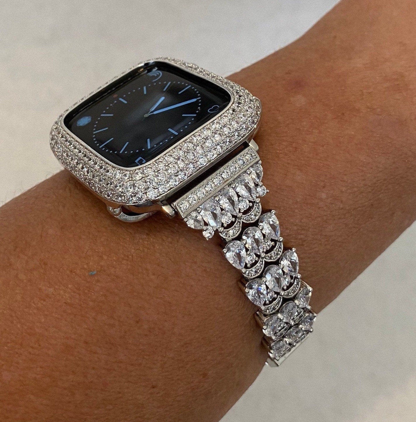 Apple Watch Band 41mm 45mm 49mm Ultra Series 7,8 Women's Silver & or Smartwatch Lab Diamond Cover Bumper Iwatch Bling 38mm 42mm 44mm