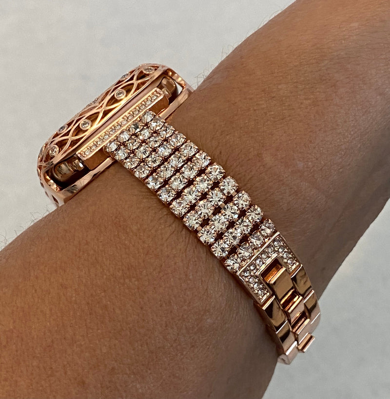 Series 9 41mm 45mm Apple Watch Band Rose Gold Crystals & or Apple Watch Cover Lab Diamond Bezel Case Cover 38mm-44mm