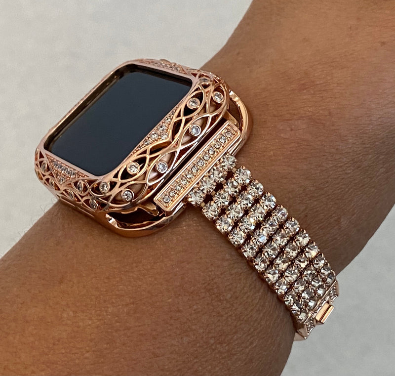 Series 7 41mm 45mm Apple Watch Band Rose Gold Swarovski Crystals & or Lab Diamond Bezel Case Cover 38mm-44mm