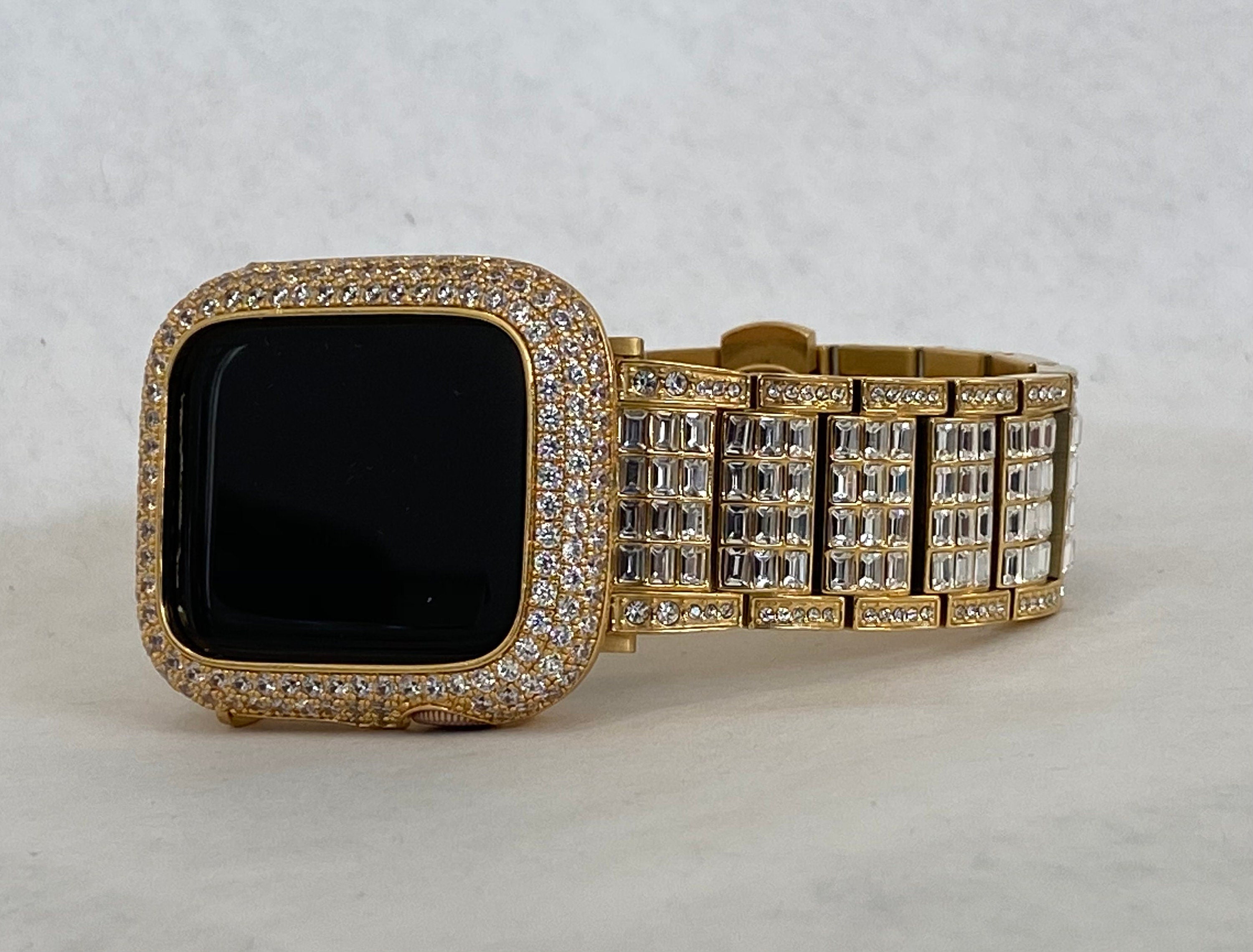 Gold Apple Watch Band 45mm Crystal Baguettes & or Apple Watch Cover Lab Diamond Bezel Case Bling 38mm-49mm Ultra Iwatch Candy