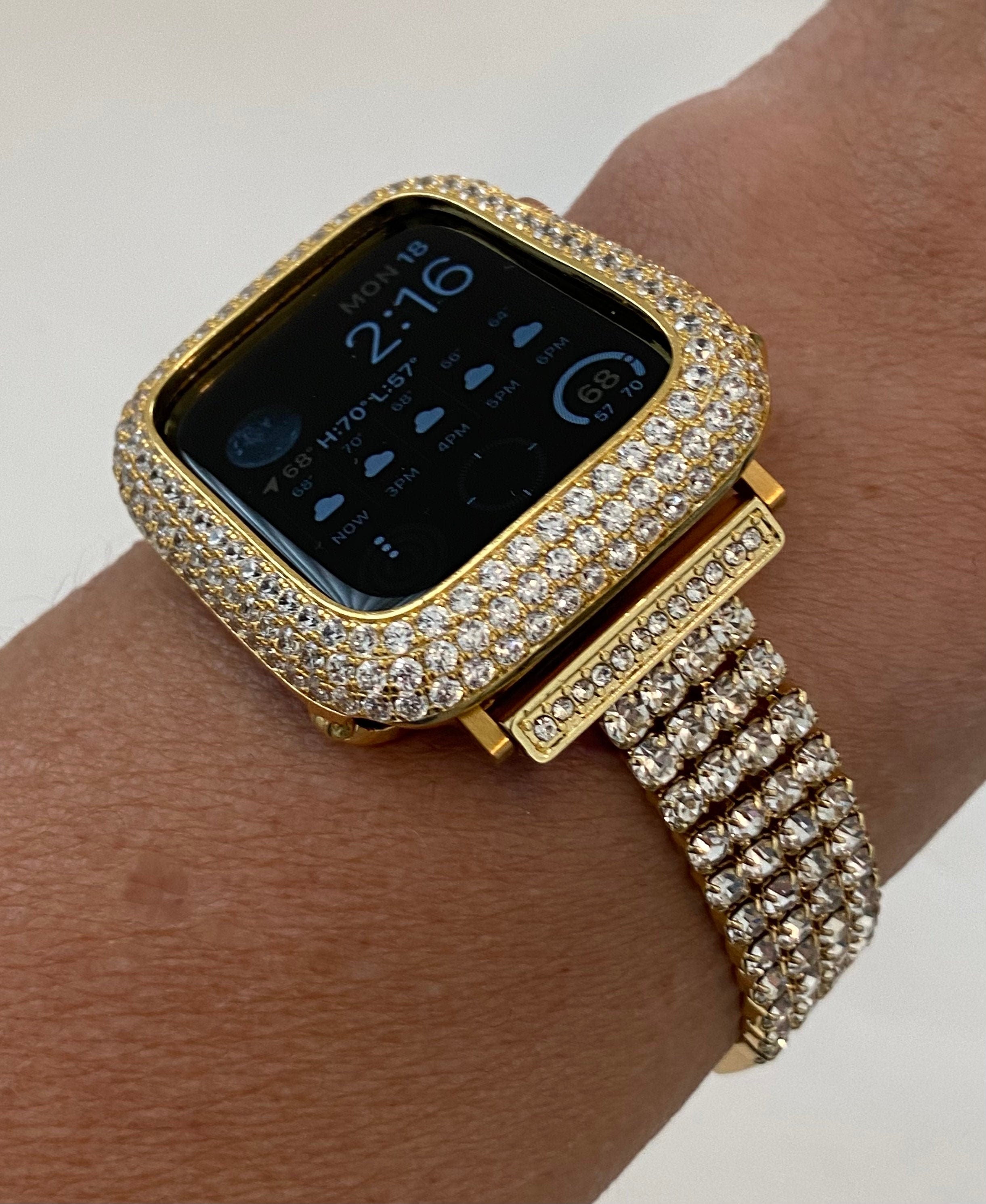 Apple Watch Band Womens 41mm 45mm 49mm Ultra Yellow Gold Handmade 38mm 40mm 42mm 44mm & or Lab Diamond Bezel Cover Series 7-8