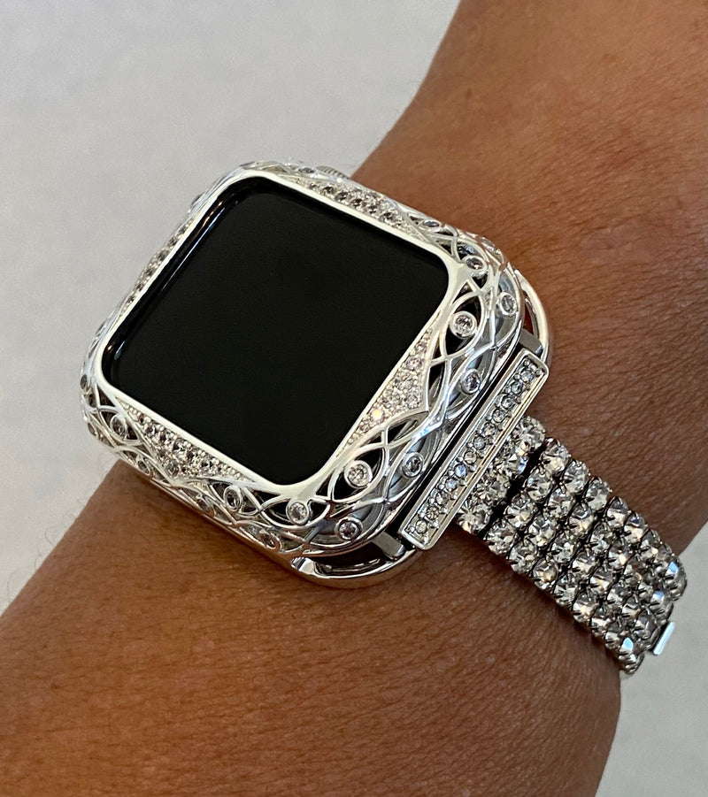 Series 2-9 Apple Watch Band Women Silver 38mm 40mm 41mm 42mm 44mm 45mm & or Apple Watch Cover Crystal Apple Watch Case Bling