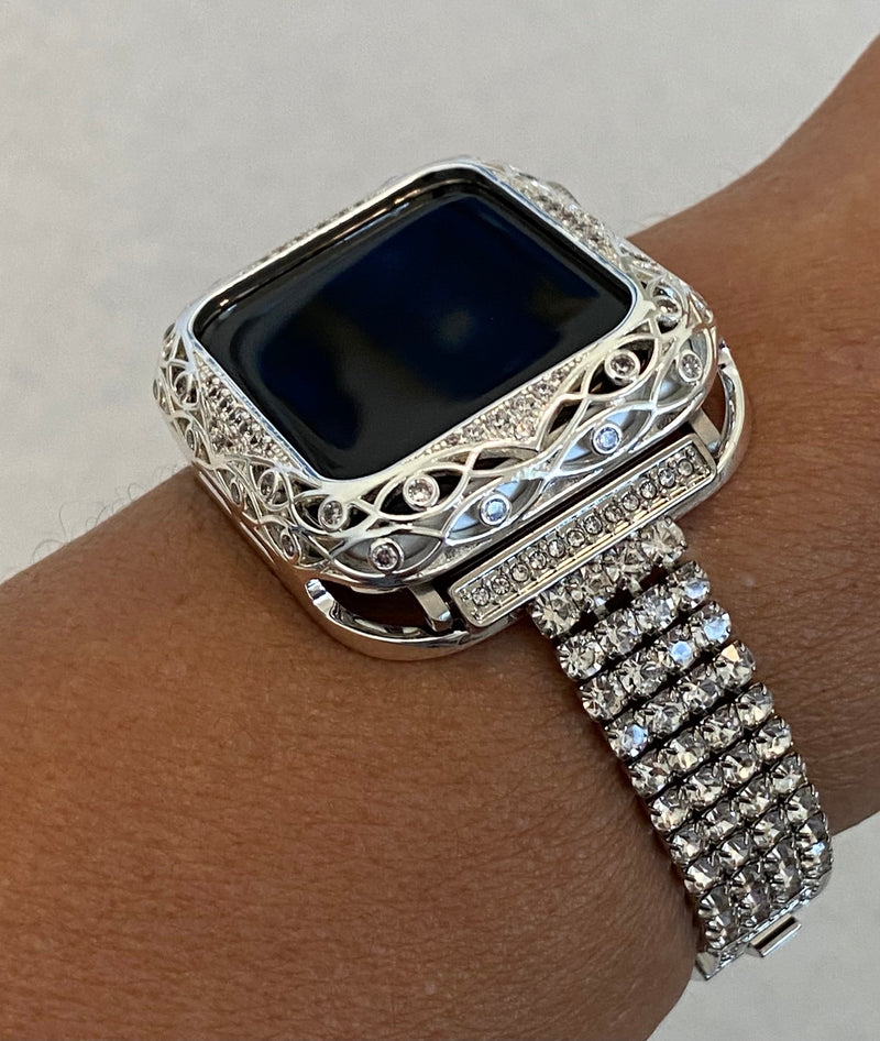 Series 2-9 Apple Watch Band Women Silver 38mm 40mm 41mm 42mm 44mm 45mm & or Apple Watch Cover Crystal Apple Watch Case Bling