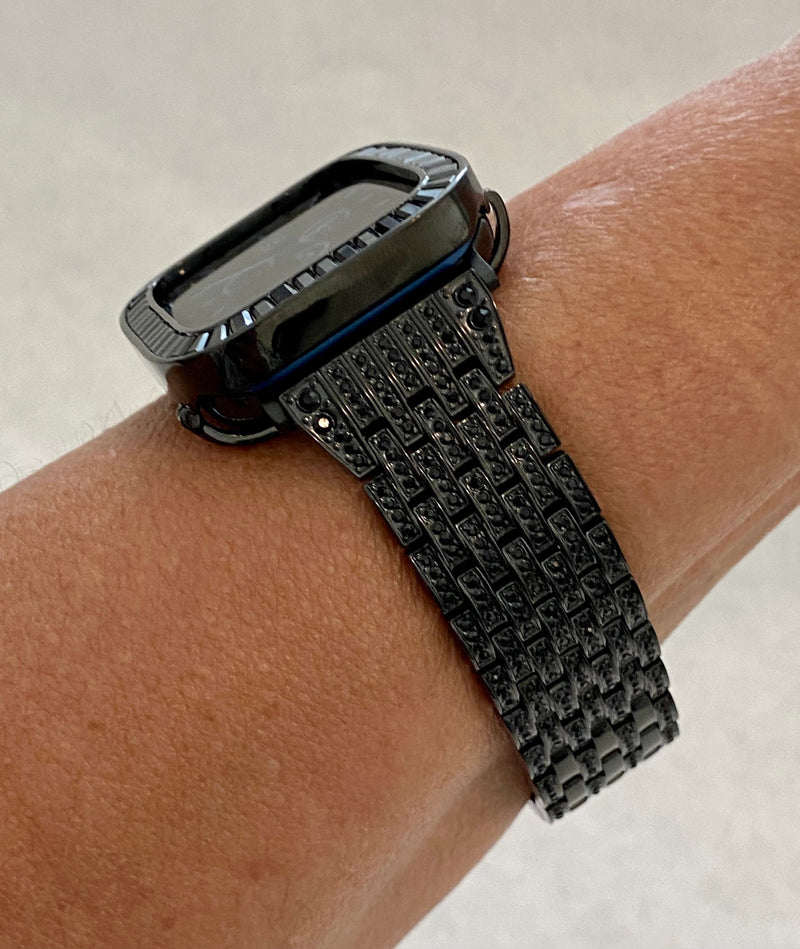 Series 2-9 Apple Watch Band Black on Black & or Iwatch Lab Diamonds Bezel Case Cover 38mm 40mm 41mm 42mm 44mm 45mm