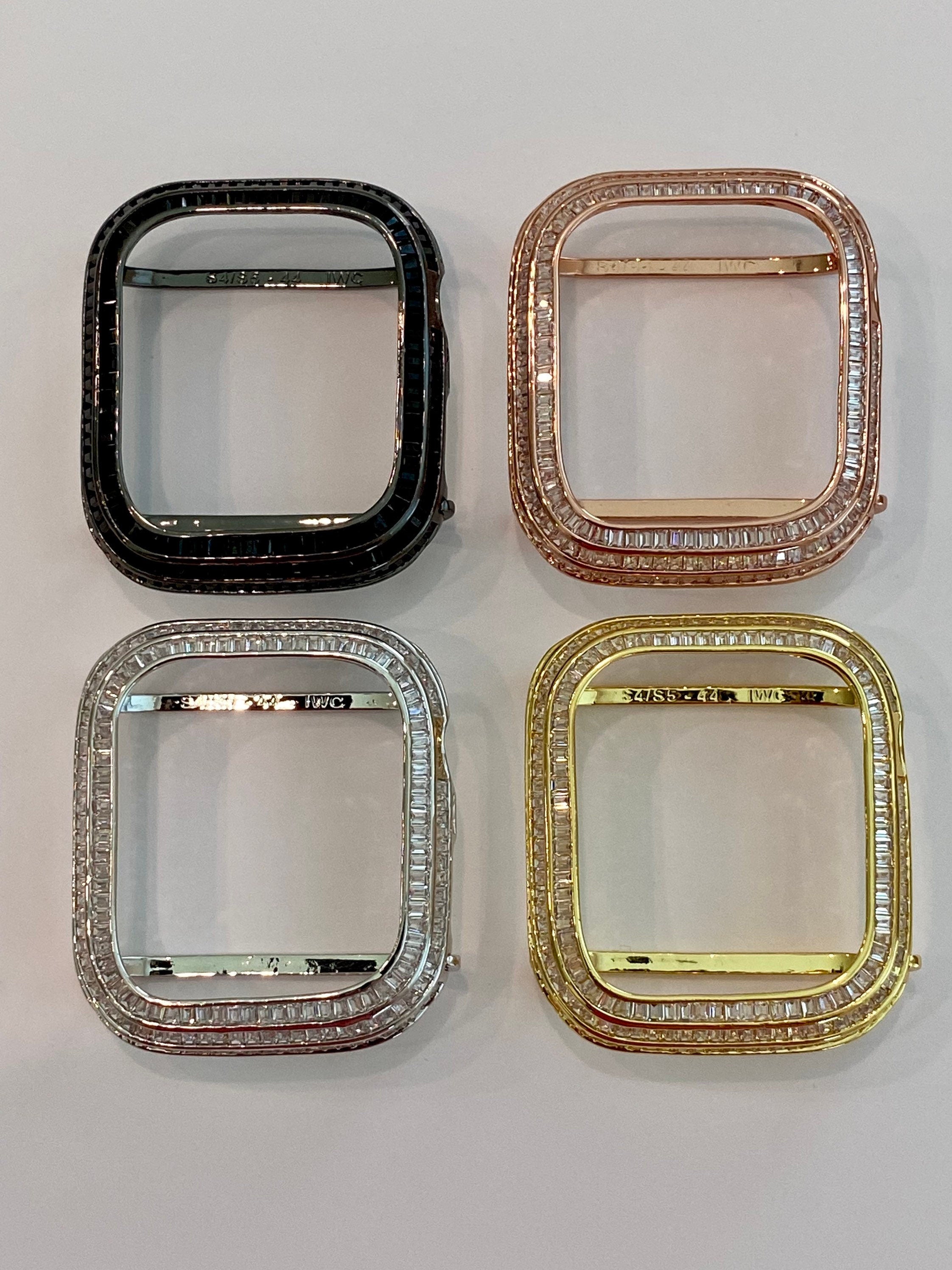 Apple Watch Bezel Cover 40mm 41mm 44mm 45mm 3 Rows of Lab Diamond Baguettes Silver, Rose Gold, Yellow Gold, Black, Smartwatch Bumper Case