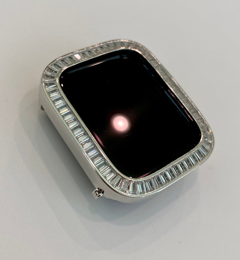 Series 1-8 Apple Watch Bezel Case Cover Large Lab Diamond Baguettes 38mm 40mm 41mm 42mm 44mm 45mm in Silver, Gold, Rose Gold and Black