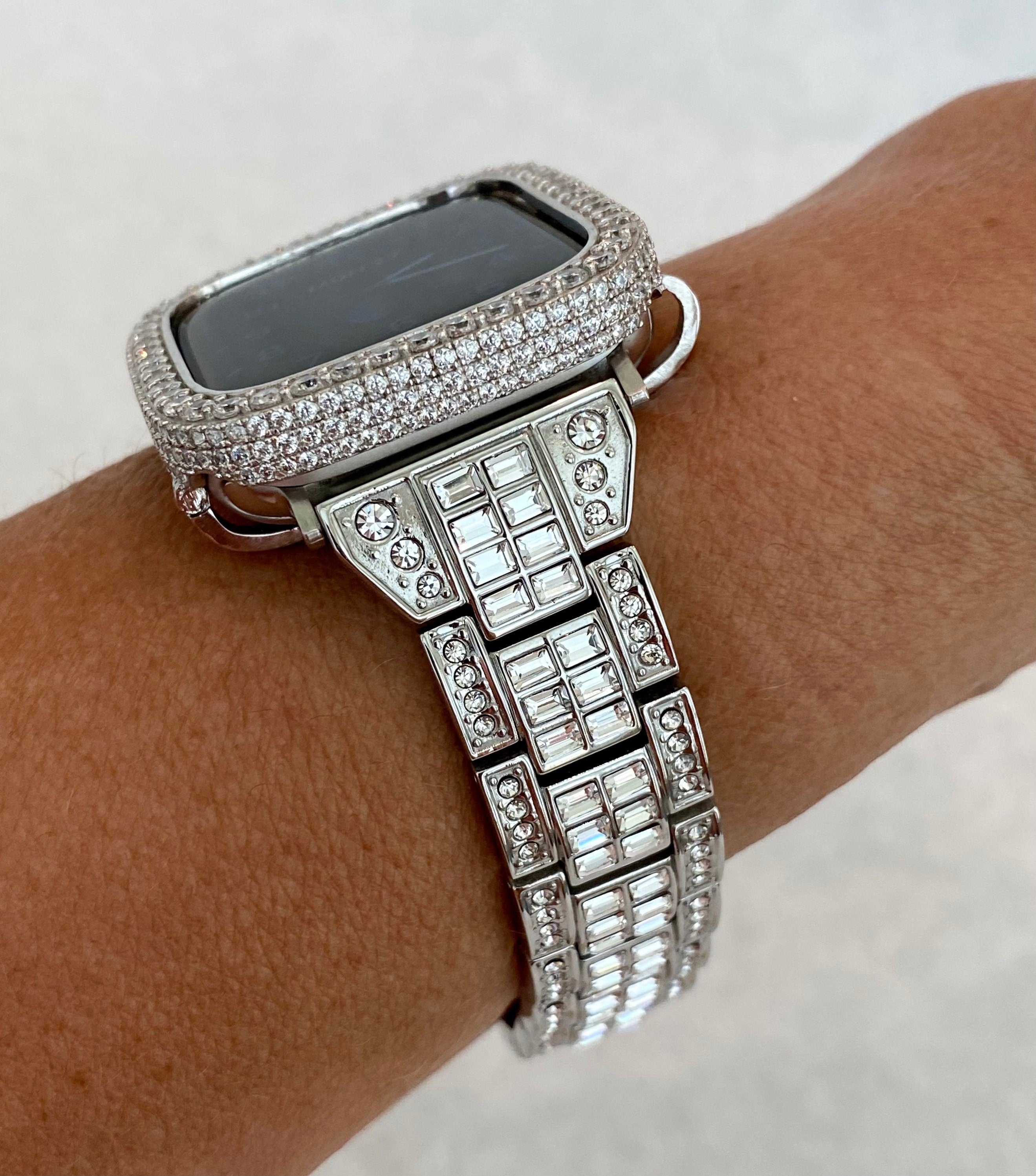 Silver Apple Watch Band Womens Swarovski Crystal Baguettes 49mm Ultra 41mm 45mm & or Apple Watch Cover Lab Diamond Smartwatch Bumper 38-45mm