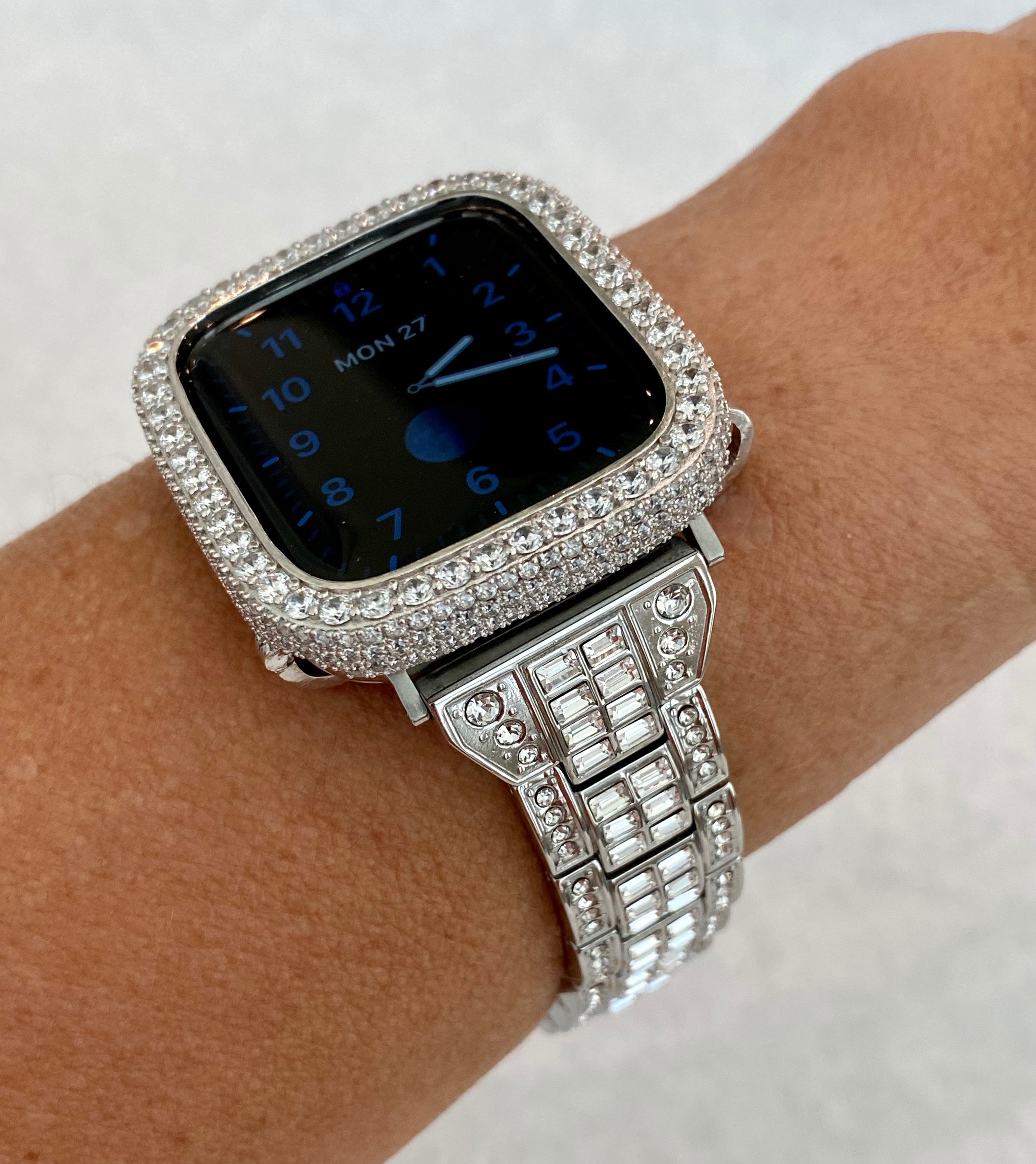 Silver Apple Watch Band Womens Swarovski Crystal Baguettes 49mm Ultra 41mm 45mm & or Apple Watch Cover Lab Diamond Smartwatch Bumper 38-45mm